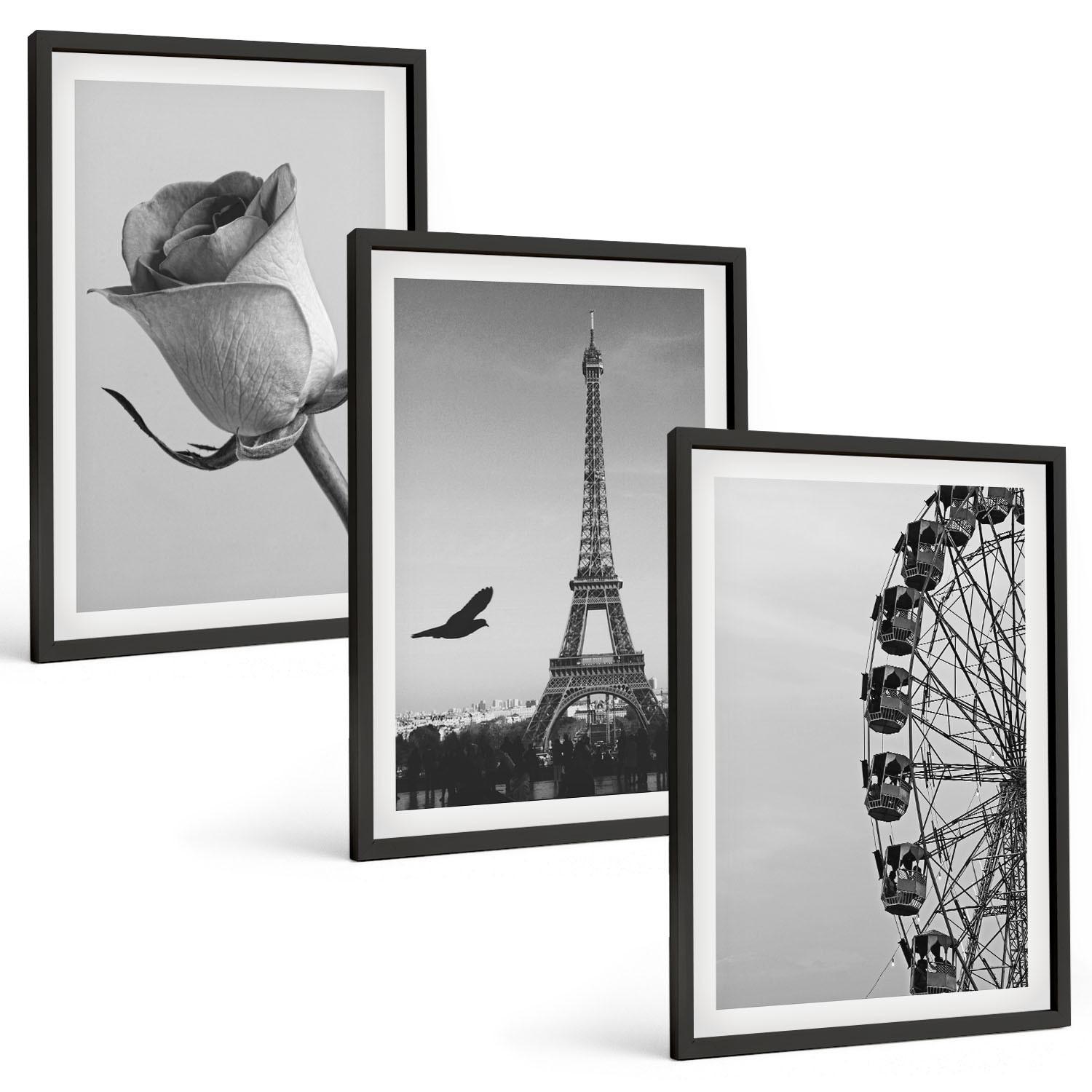 BILDER SET 3er Set - 40x60 cm Schwarzer Rahmen - Rose Eiffelturm Riesenrad - Schwarz, Kunststoff (40/60cm) - TULUP