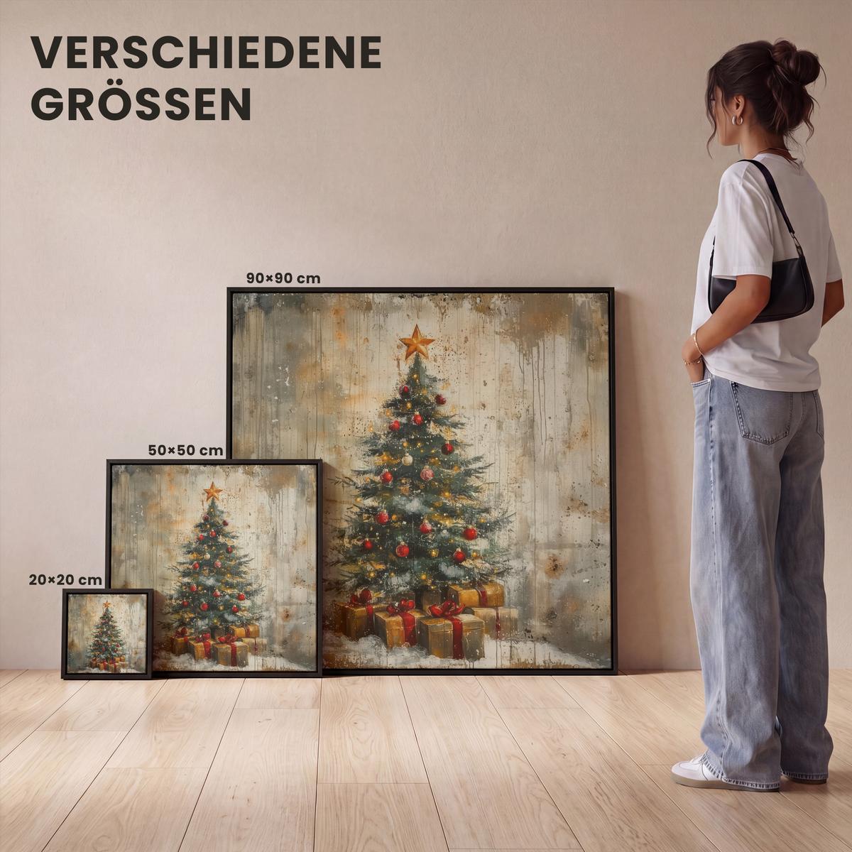 LEINWAND Bilder mit Rahmen - Weihnachtsbaum - Vintage - Weihnachten - Geschenk - 50x50 - Rostfarben, Textil (50/50cm) - MuchoWow