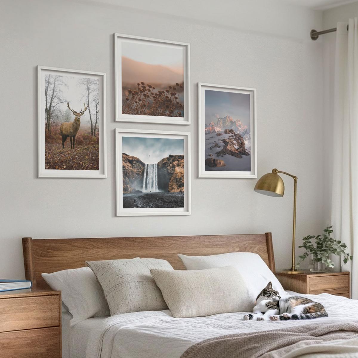BILDER SET 4er Set - 50x50 cm & 40x60 cm Weißer Rahmen - Wilde Landschaften, Berge, Hirsche - Weiß, Kunststoff (50/50cm) - TULUP