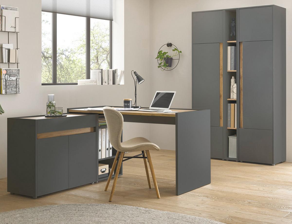 SCHREIBTISCHKOMBINATION 2-teilig grau matt, Eiche Wotan 143 cm, Büromöbel Set mit Bürocontainer - Eiche Wotan/Schwarz, Holzwerkstoff/Kunststoff (62/143/76cm) - Furn.Design