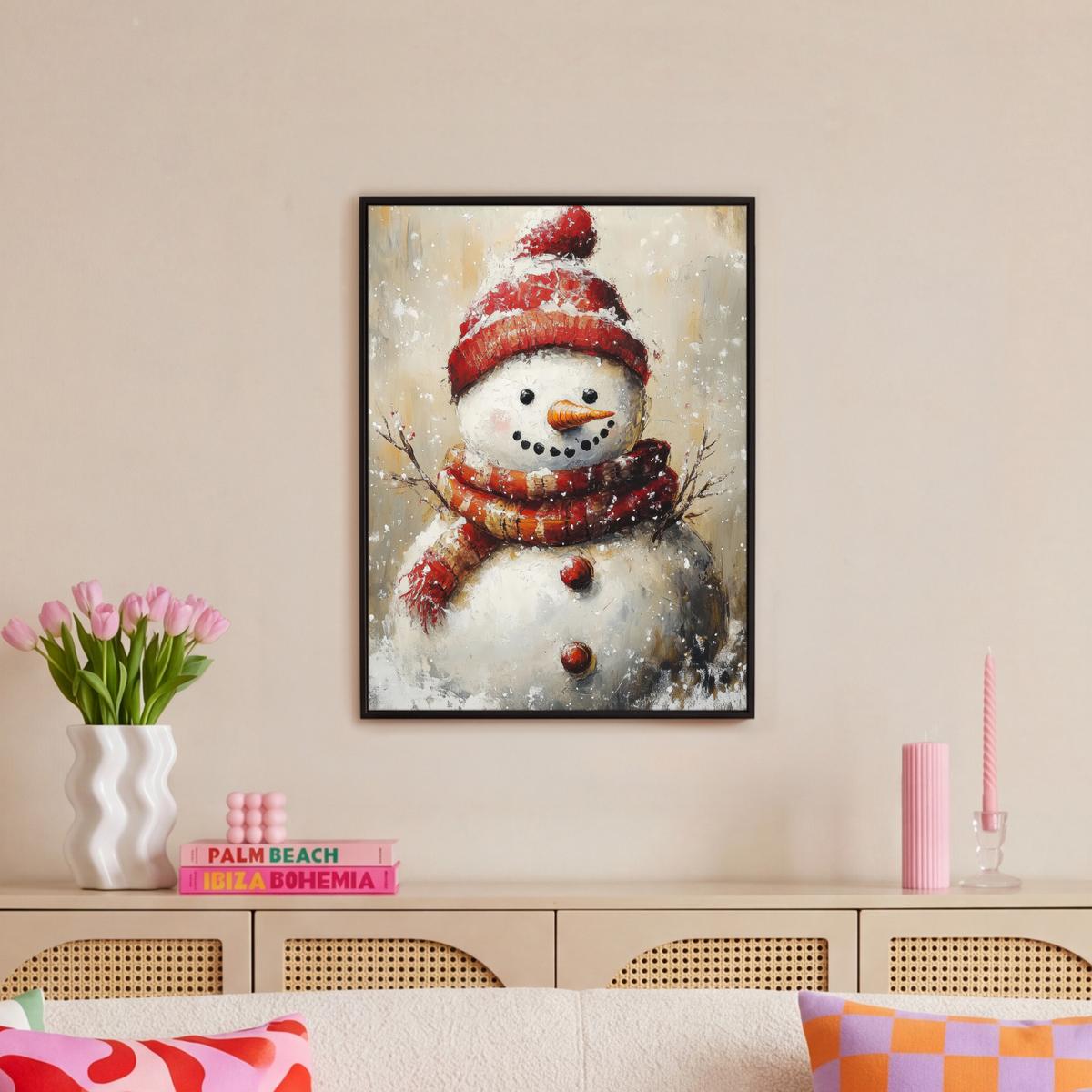 LEINWAND Bilder mit Rahmen - Schneemann - Winter - Schnee - Beige - 60x80 - Weiß, Textil (60/80cm) - MuchoWow