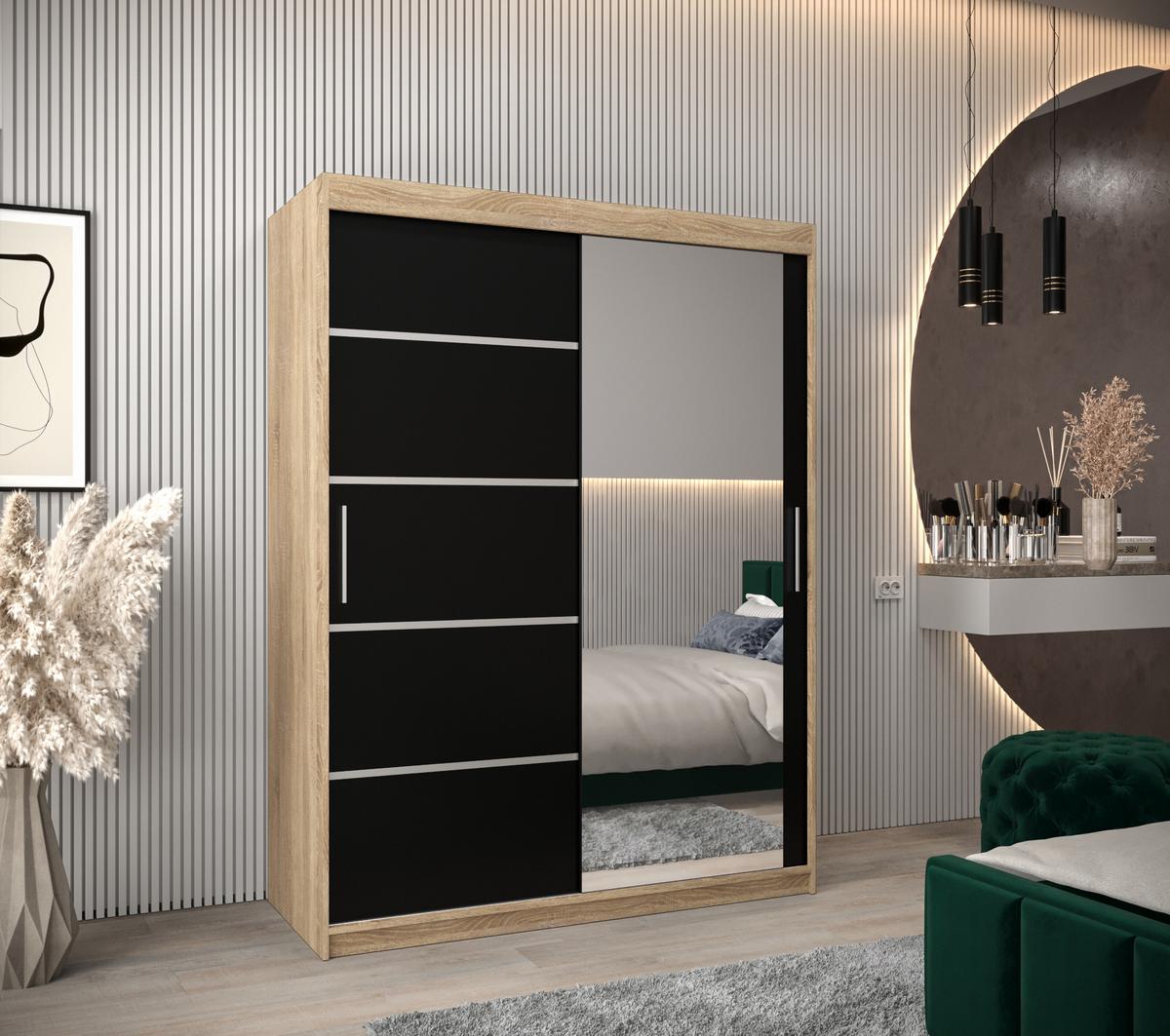 SCHWEBETÜRENSCHRANK 200/150/62 2-türig - Silberfarben/Schwarz, Holz/Kunststoff (150/200/62cm) - MÖBEL KRYSPOL