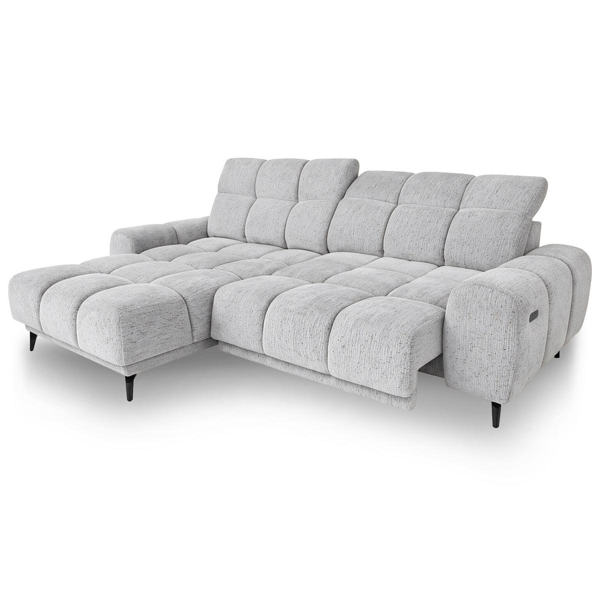 ECKSOFA Marco Mini mit elektrisch ausfahrbarem Sitz und verstellbaren Kopfstützen, Links, Chenille-Stoff, Hellgrau - Hellgrau/Schwarz, Textil (275/182cm) - Beautysofa