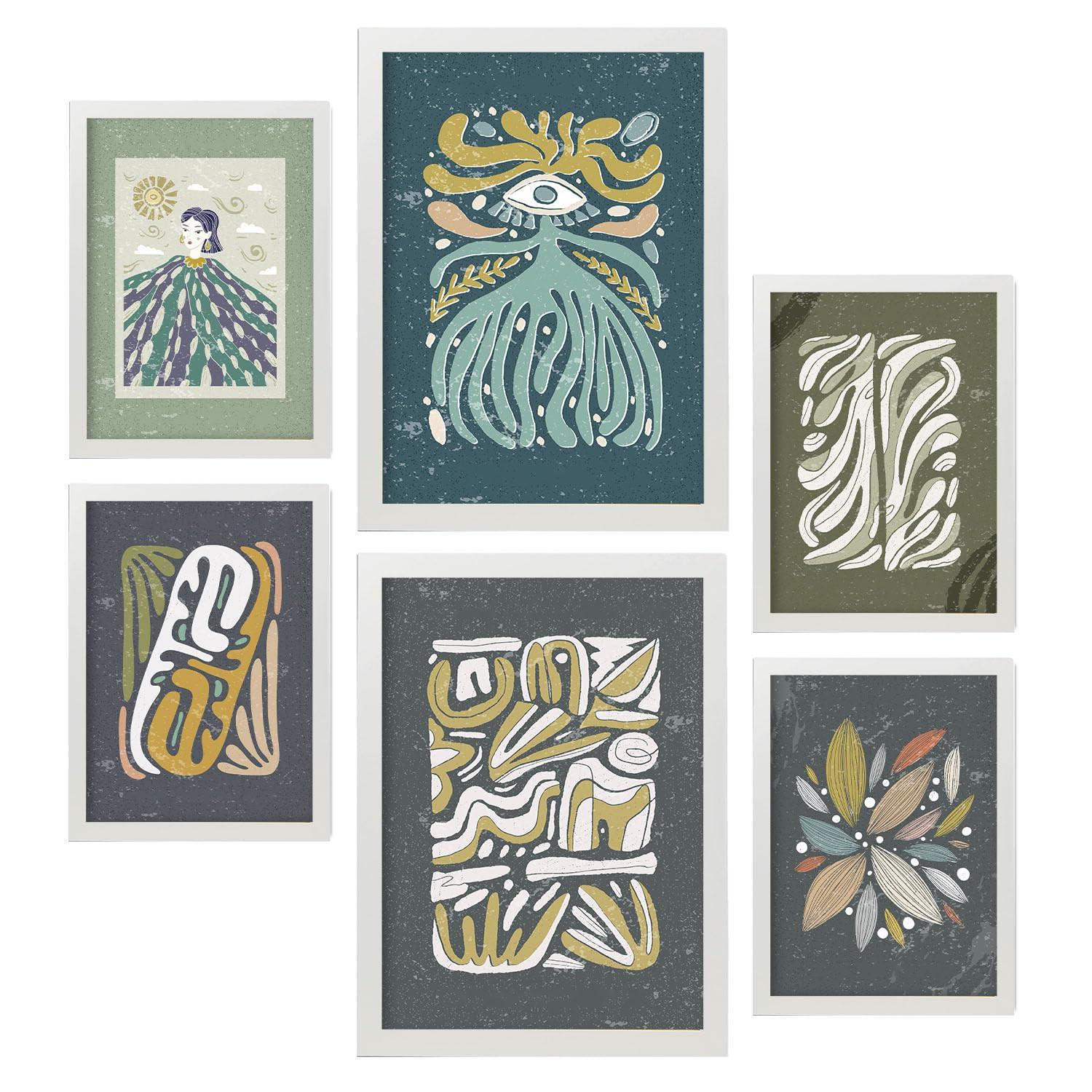POSTER Set Mit 6 Drucken Mit Kalten Tönen In Der Sammlung Ethnischer Style Drucke Dekorative Rahmen Für Zuhause Wandkunstdruck A3 & A4 Weißer Rahmen - Weiß, Papier (29/3cm) - Nacnic