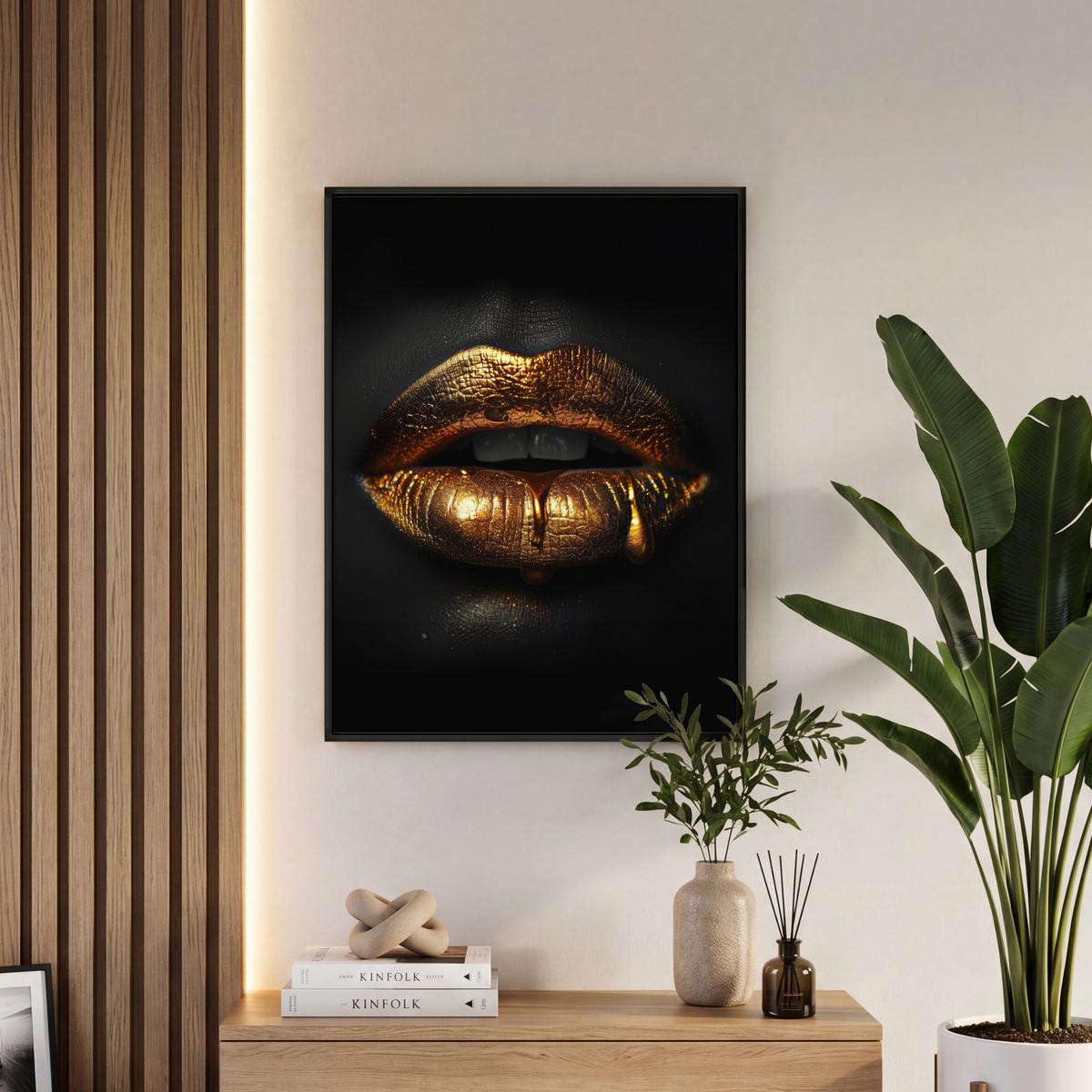 LEINWAND Bilder mit Rahmen - Frau - Porträt - Lippen - Gold - Schwarz - 50x70 - Schwarz, Textil (50/70cm) - MuchoWow
