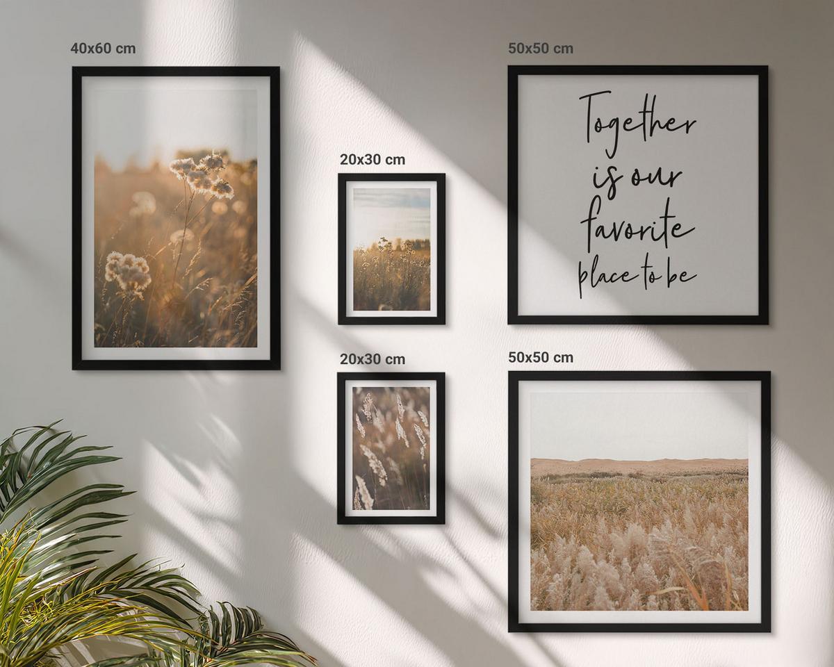 BILDER SET 5er Set - 50x50 cm & 20x30 cm & 40x60 cm Schwarzer Rahmen - Landschaftsgrasblumen Wärme - Schwarz, Kunststoff (40/60cm) - TULUP