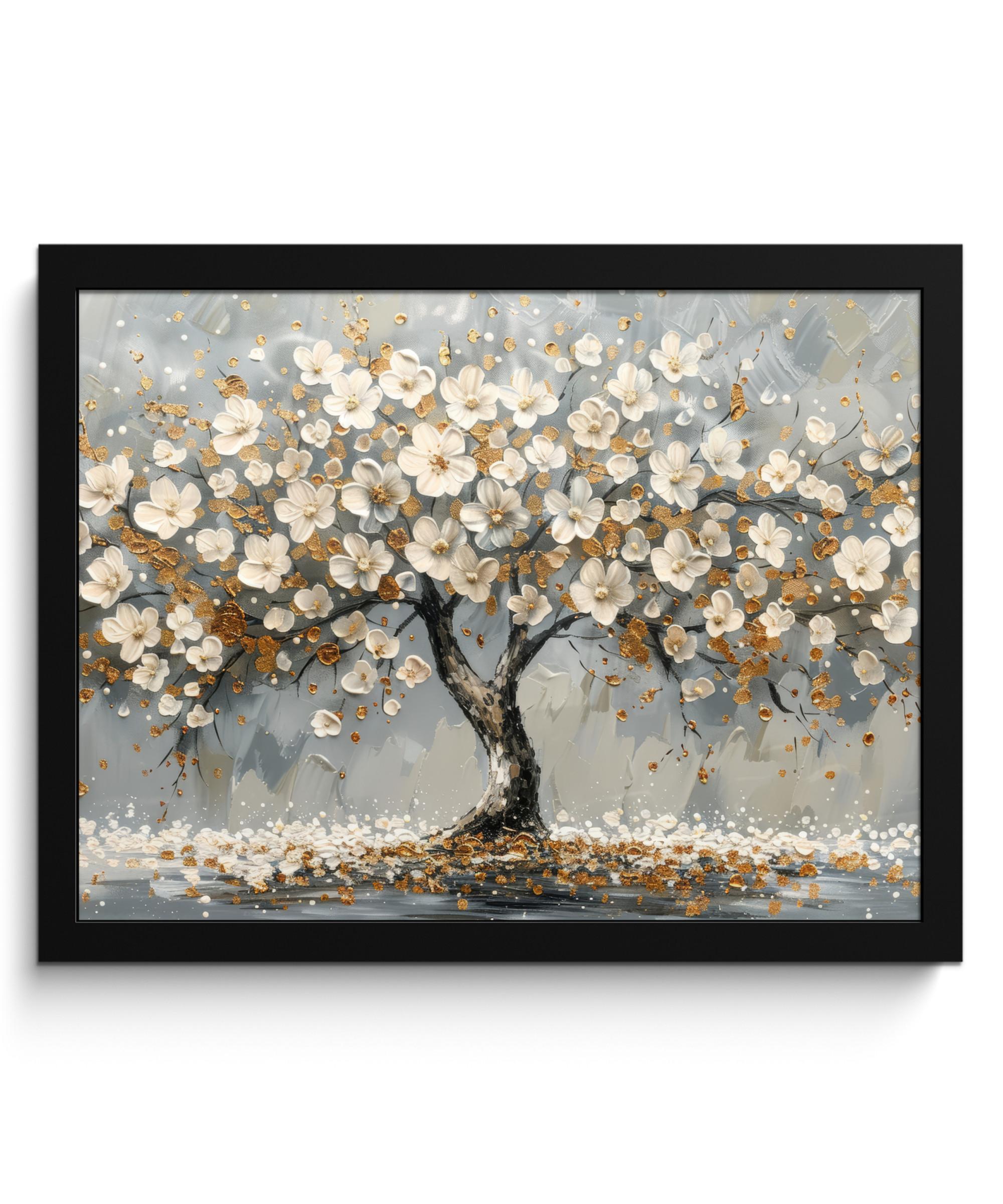 POSTER MIT RAHMEN Baum - Blumen - Weiß - Natur - Kunst 40x30 cm - Weiß, Papier (40/30cm) - MuchoWow