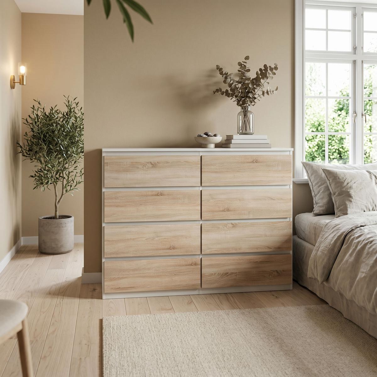 KOMMODE NUDO 138,5/101,5/39cm mit 8 Schubladen Türen Weiß - Weiß/Sonoma Eiche, Holzwerkstoff (138.5/101.5/39cm) - MASSENO
