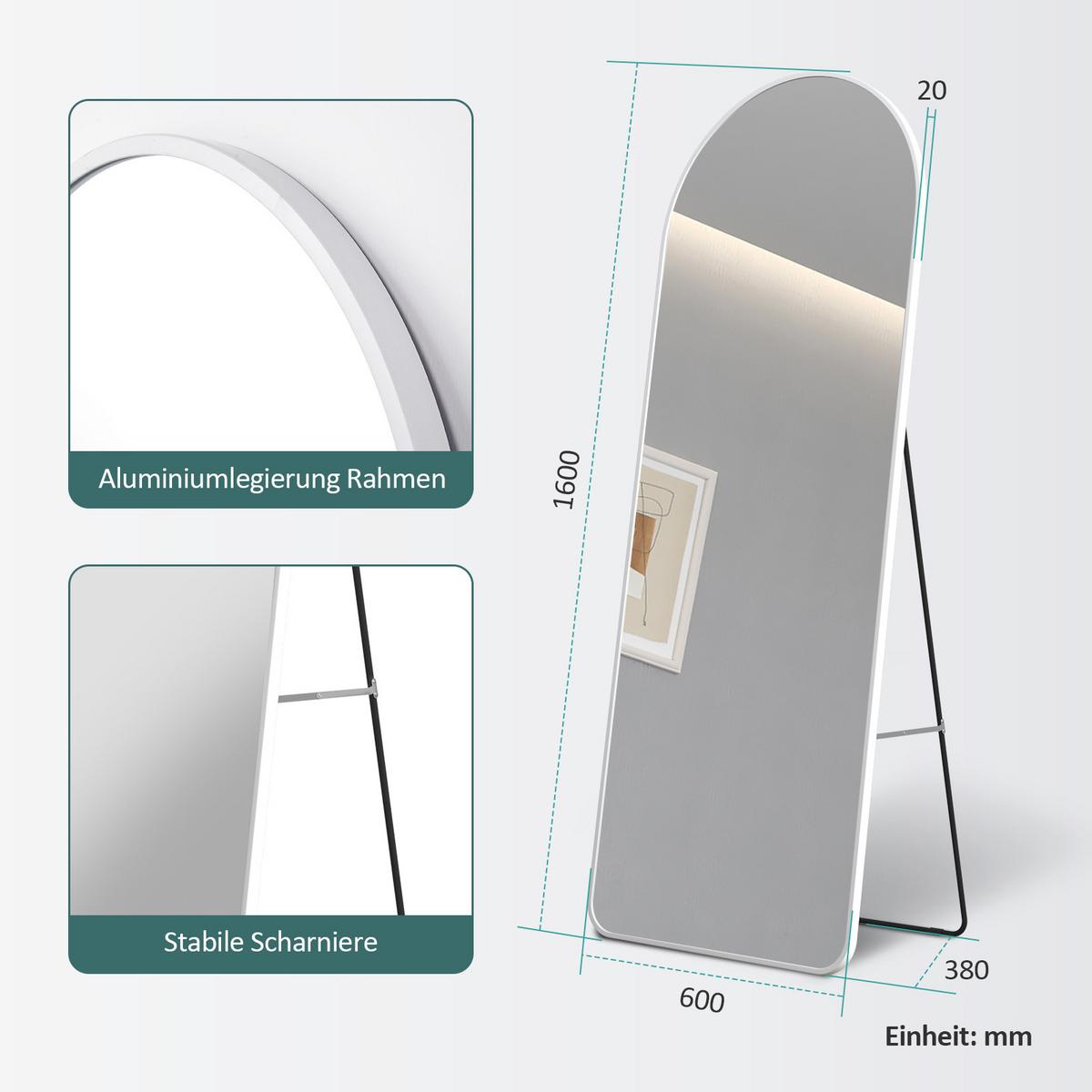 STANDSPIEGEL mit Rahmen Gehärteter Silberspiegel Weiß 160/60 cm - Weiß, Glas/Metall (60/160/160cm) - EMKE