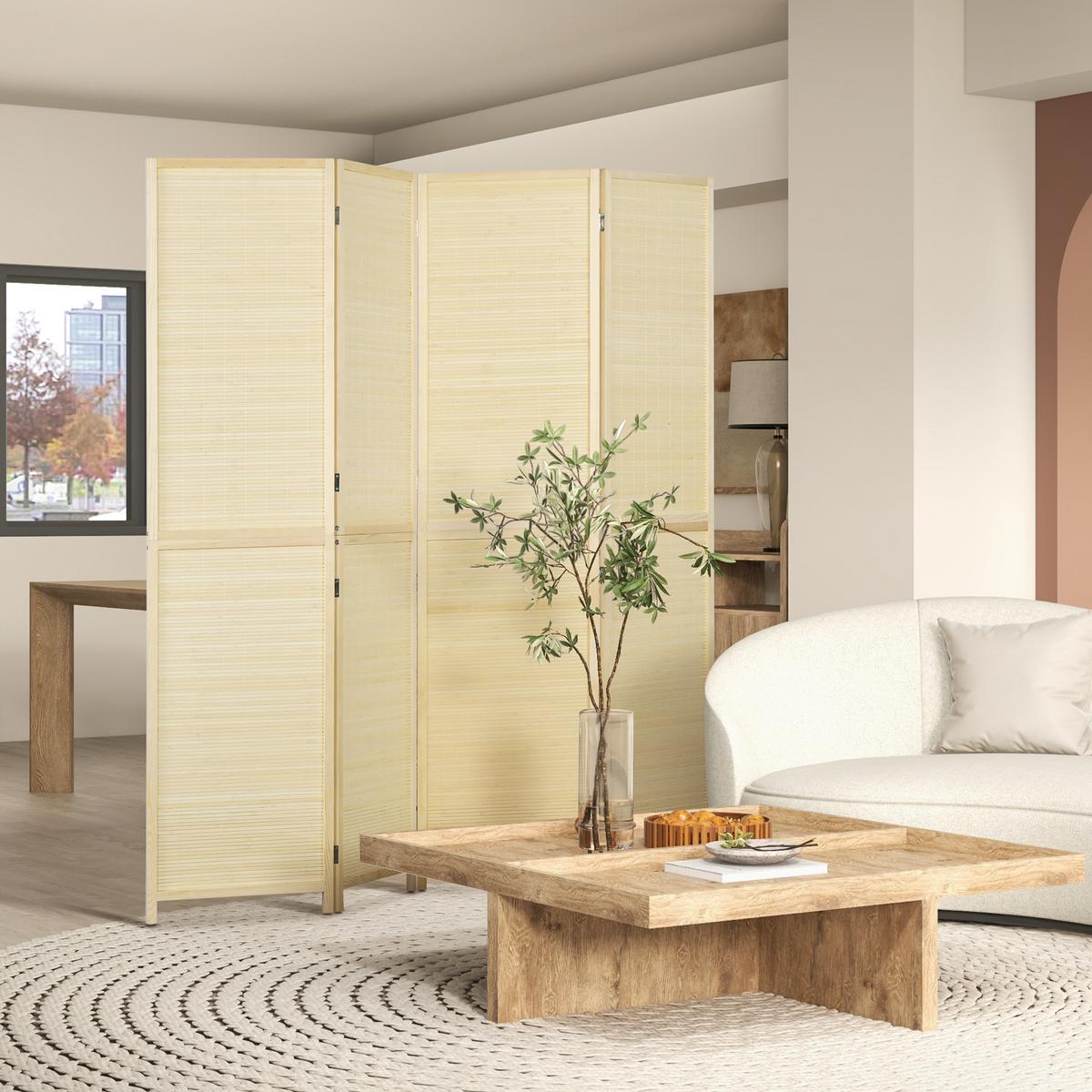 PARAVENT 4 TLG. 180 x 180 cm Faltbar aus Bambus Natur - Naturfarben, Naturmaterialien (1.6/180/180cm) - HOMCOM