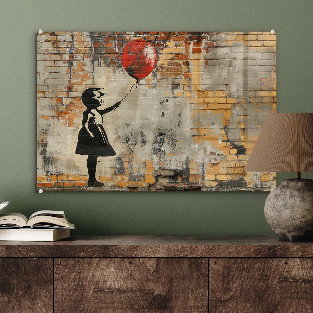 ACRYLGLASBILD Graffiti - Banksy - Mädchen - Straßenkunst Wanddeko 60x40 cm - Sandfarben, Glas (60/40cm) - MuchoWow