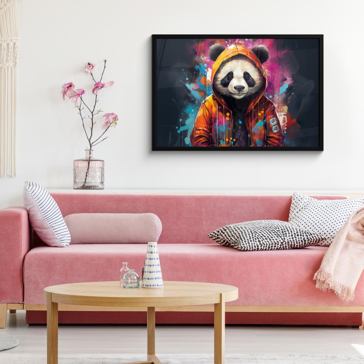 POSTER MIT RAHMENGERAHMTES BILD Panda - Jacke - Graffiti - Orange 90x60 cm - Orange, Papier (90/60cm) - MuchoWow