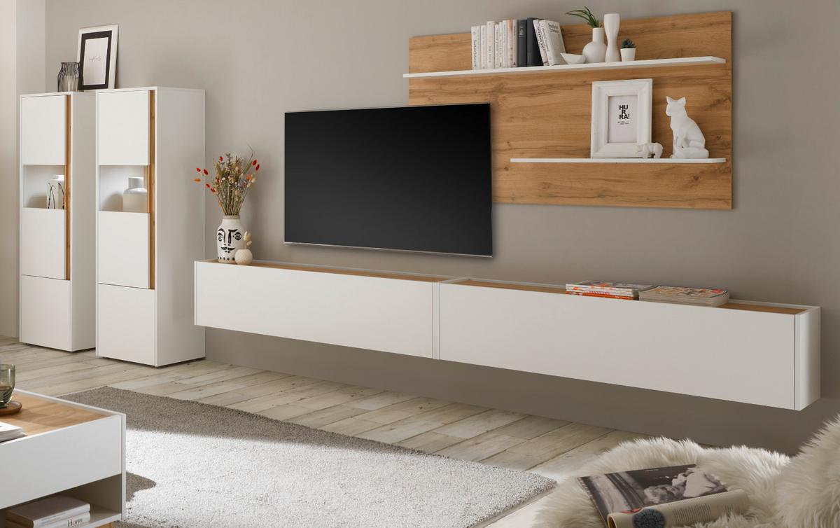 WOHNWAND weiß, Eiche Wotan 5-teilig 440 cm, Schrankwand mit XL Lowboard - Eiche Wotan/Schwarz, Glas/Holz (440/180/40cm) - Furn.Design