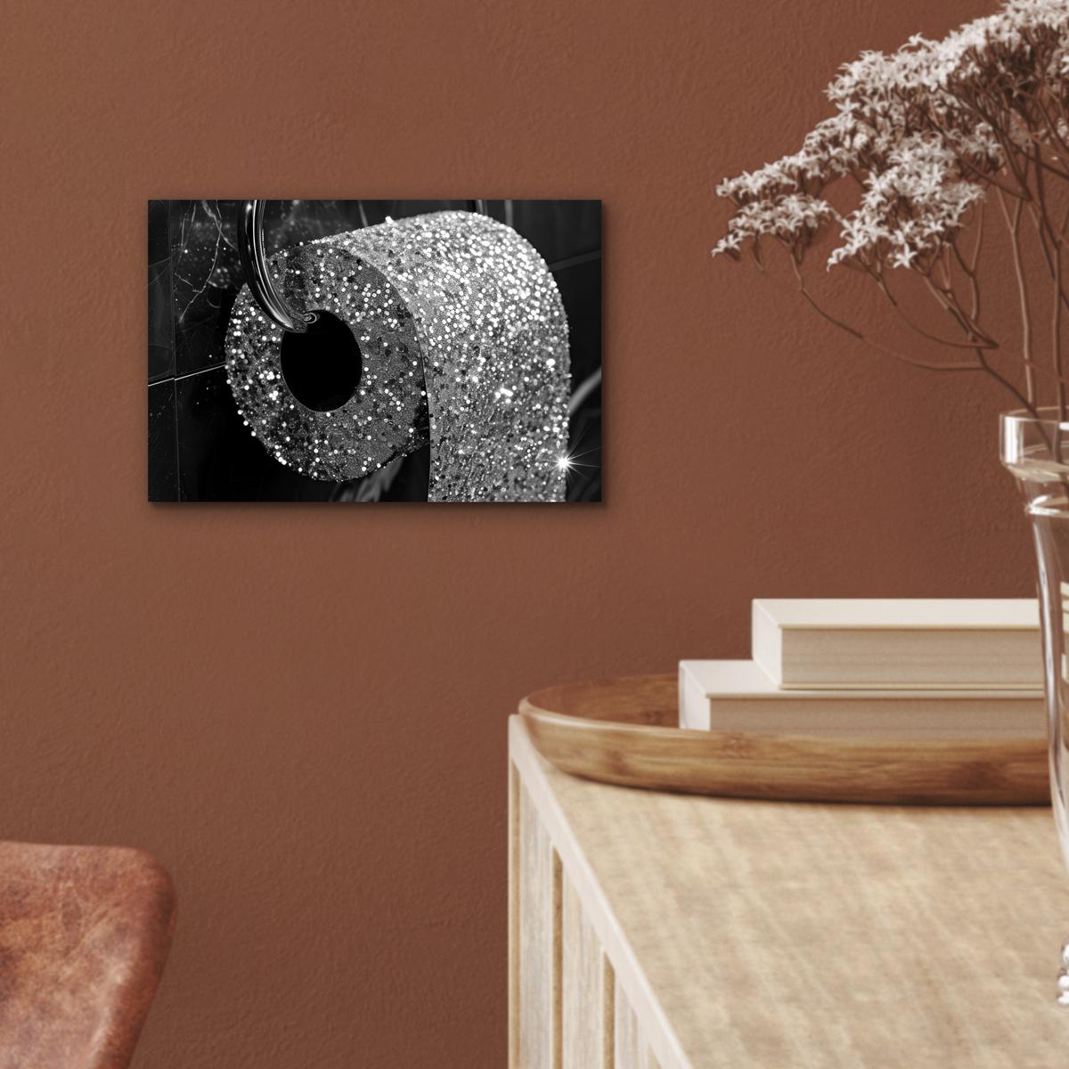METALLBILD WC - Toilettenpapier - Schwarz und weiß - Glitter 30x20 cm - Silberfarben, Metall (30/20cm) - MuchoWow