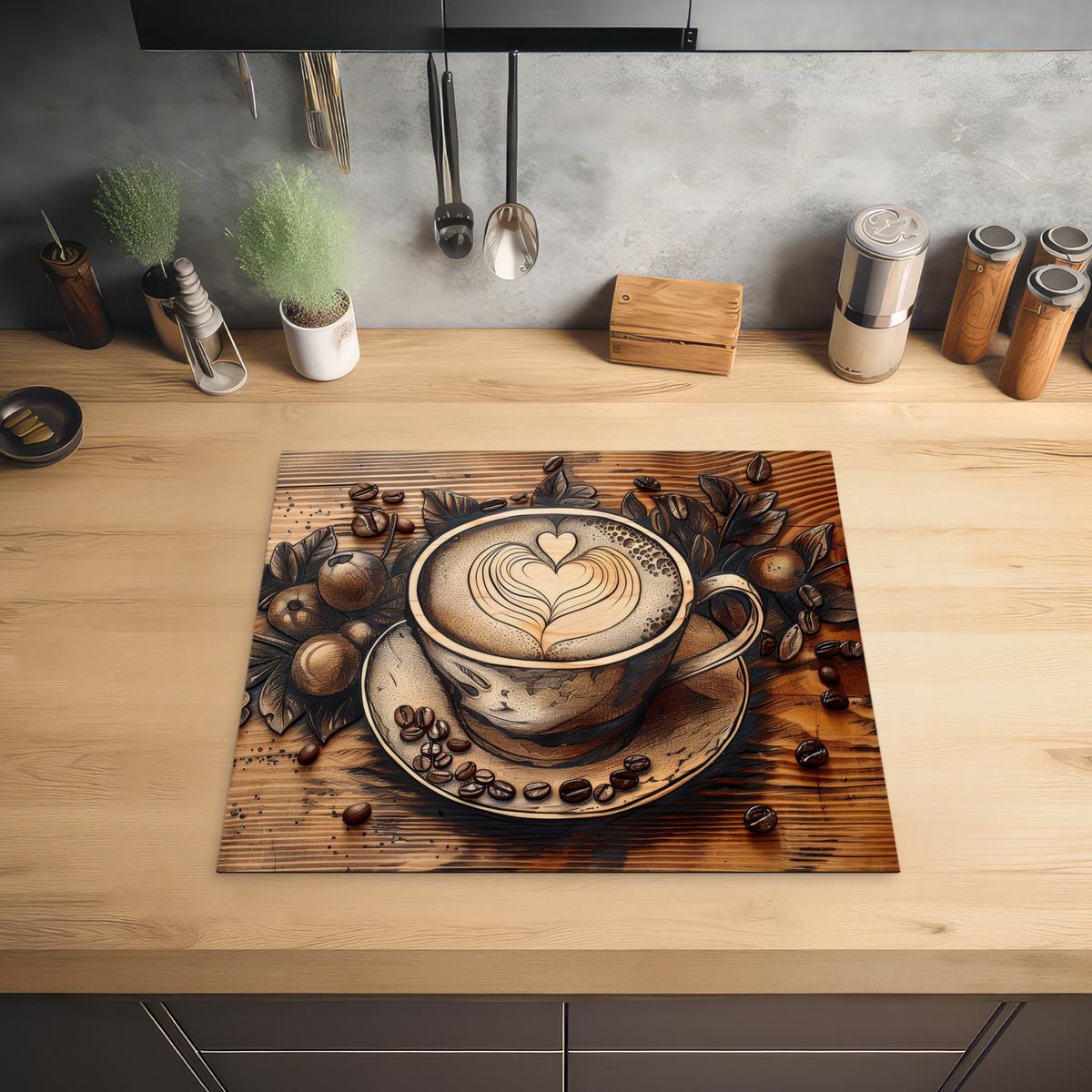 HERDABDECKPLATTE Kaffee - Vintage - Braun - Tasse - Holz Abdeckung Ceranfeld 58.3x51.3 cm - Cappuccino, Kunststoff (58.3/51.3/0.2cm) - MuchoWow