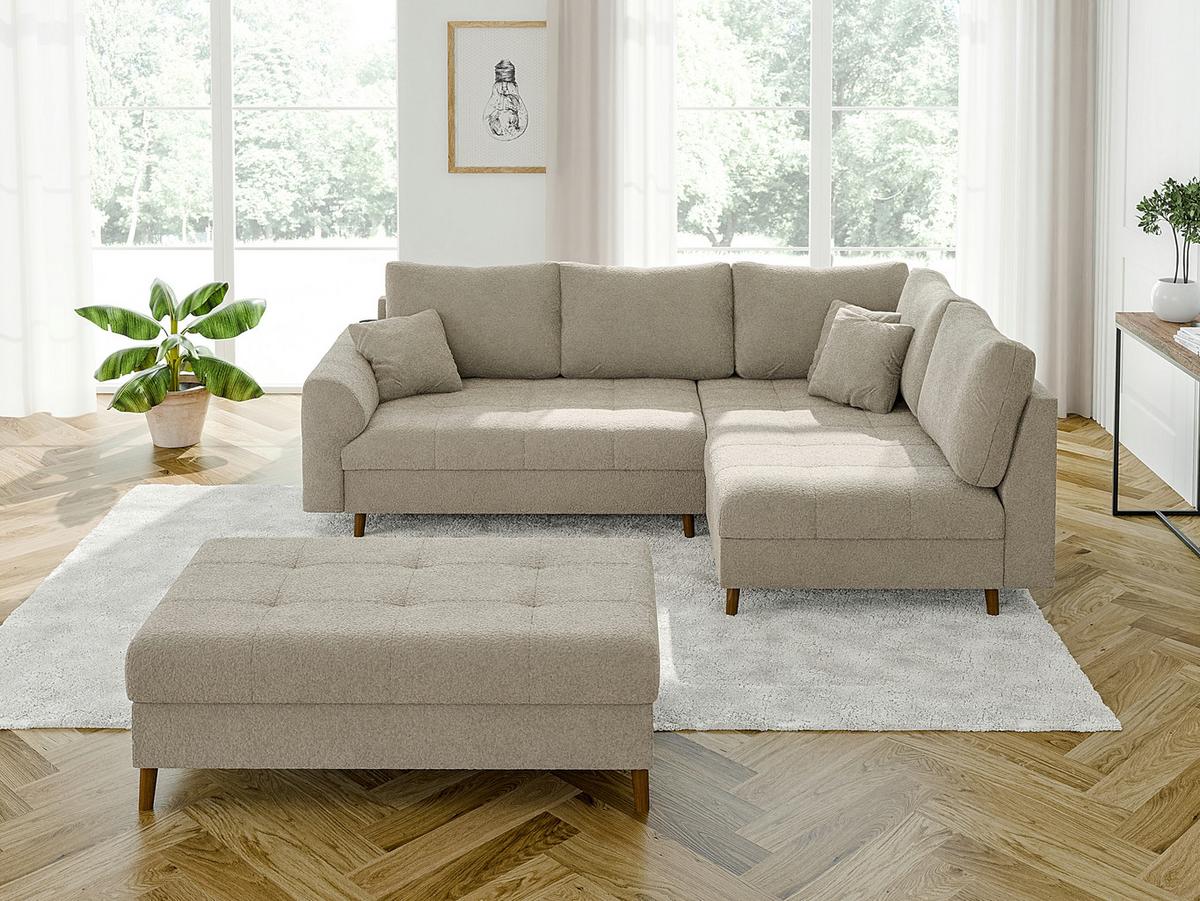 ECKSOFA inkl. Hocker Henrik Beige Boucle - Ottomane rechts - Beige/Braun, Holz/Textil (231/161cm) - S-Style