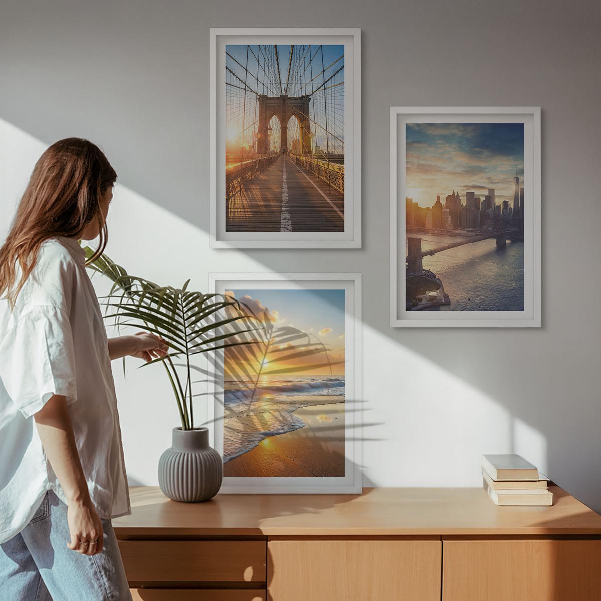 BILDER SET 3er Set - 40x60 cm Weißer Rahmen - Brücken, Sonnenuntergänge, Stadt - Weiß, Kunststoff (40/60cm) - TULUP