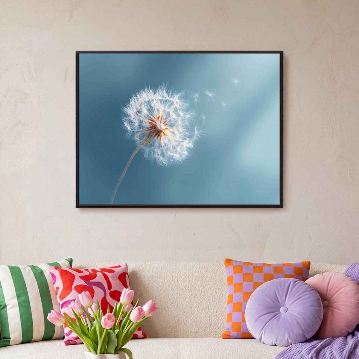 LEINWAND Bilder mit Rahmen - Löwenzahn - Wind - Blau - 80x60 - Blaugrau, Textil (80/60cm) - MuchoWow