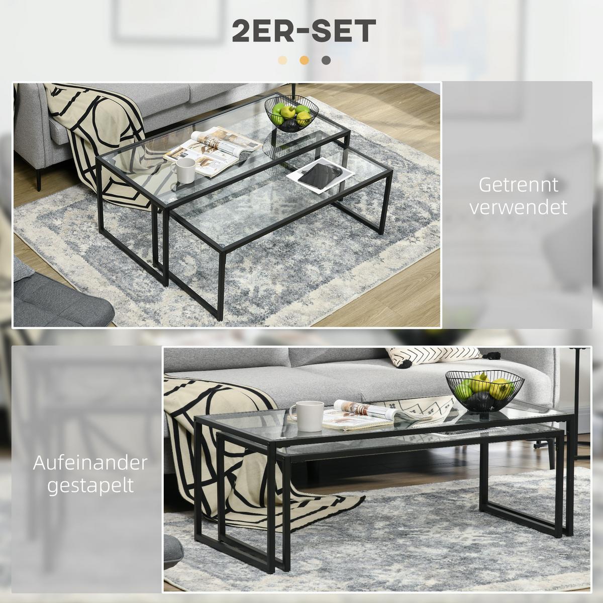 COUCHTISCH 2er-Set Beistelltisch, Kaffeetisch, Satztisch, Glastisch, Stahl - Transparent, Glas/Metall (119/56/44.5cm) - HOMCOM