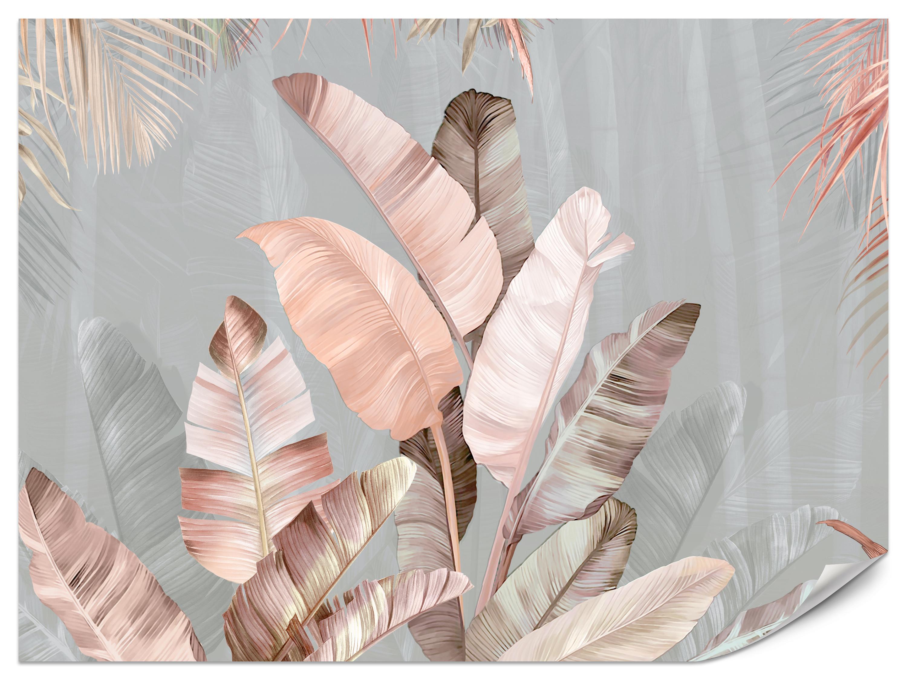 FOTOTAPETE für Esszimmer Tropische Pastell Bananenblätter 350x256 - Beige/Rosa, Papier (350/256cm) - Muralo