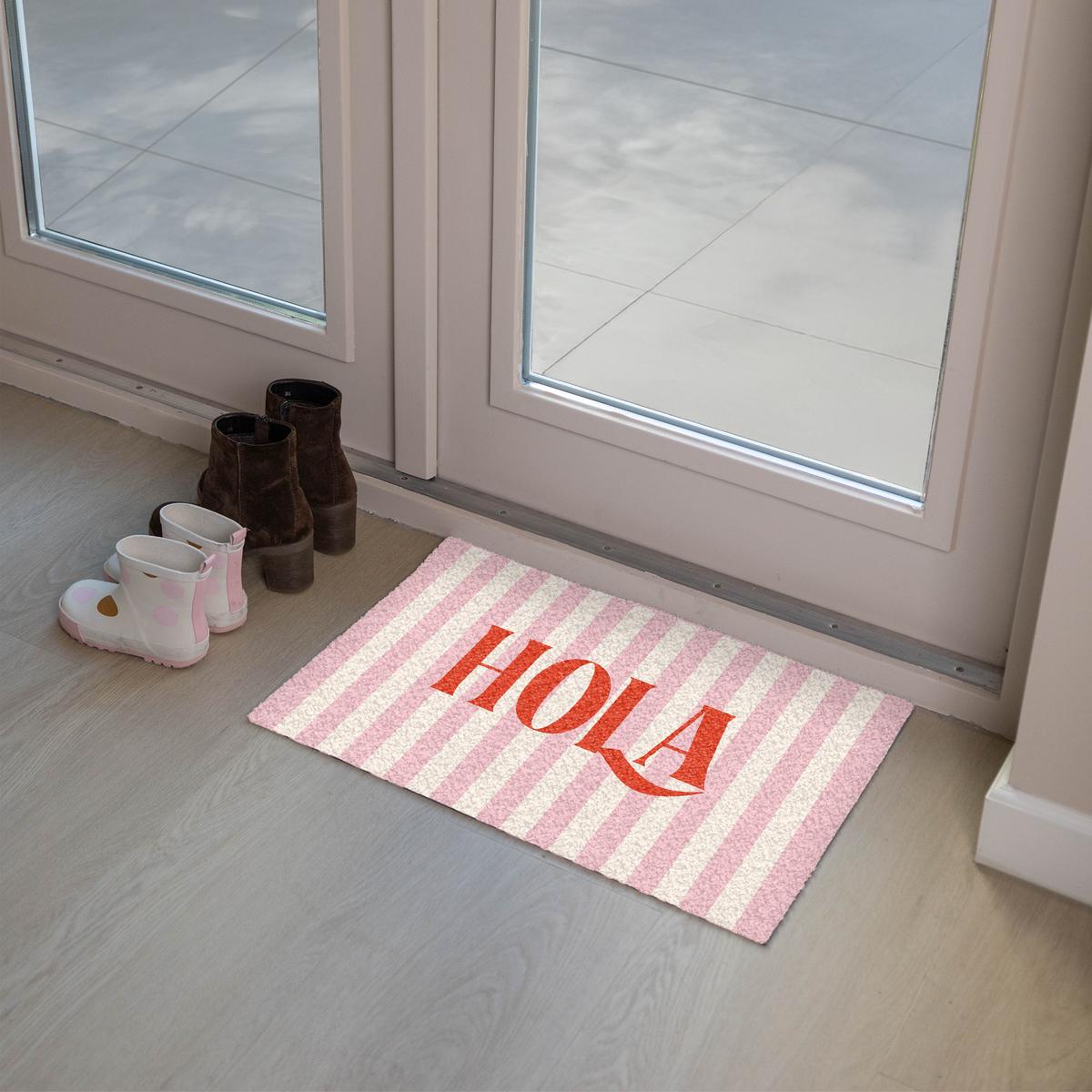FUSSMATTE Hola - Zitat - Streifen - Pastell - Rosa - Rot - Weiß Schmutzfangmatte 60x40 cm - Rosa, Kunststoff (60/0.4cm) - MuchoWow