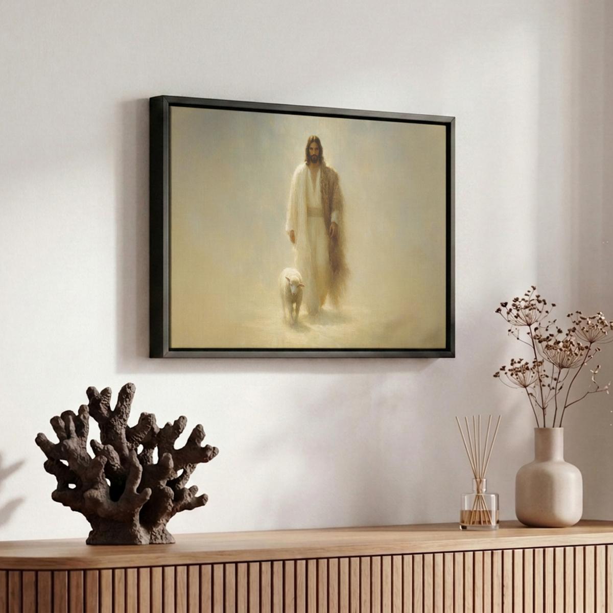 LEINWAND Bilder mit Rahmen - Schaf - Jesus - Pinselstriche - Abstrakt - 30x20 - Beige, Textil (30/20cm) - MuchoWow