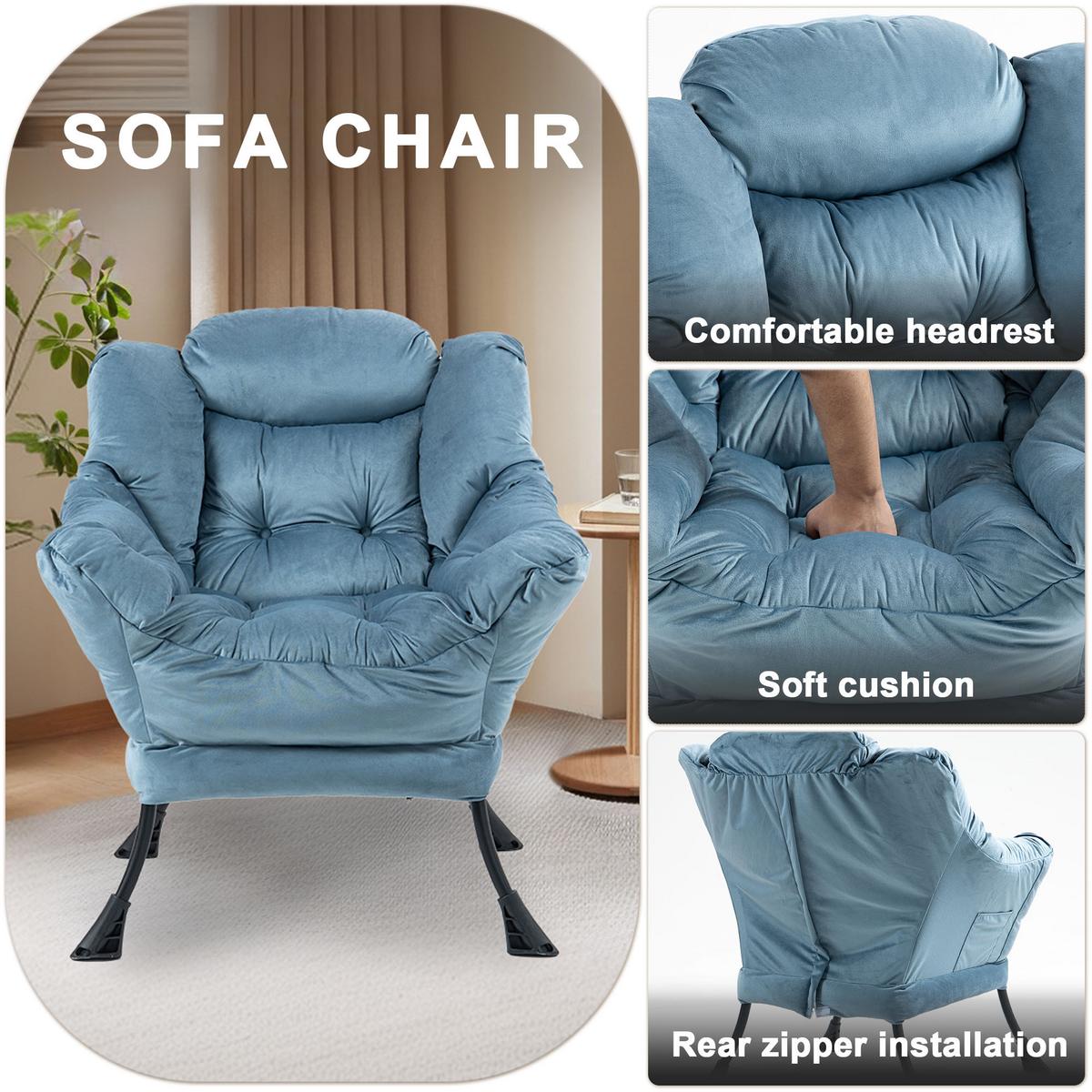 SESSEL aus samt und metall, mit kopfstütze und seitentasche - Hellblau, Metall (75/85/80cm) - Urban Meuble