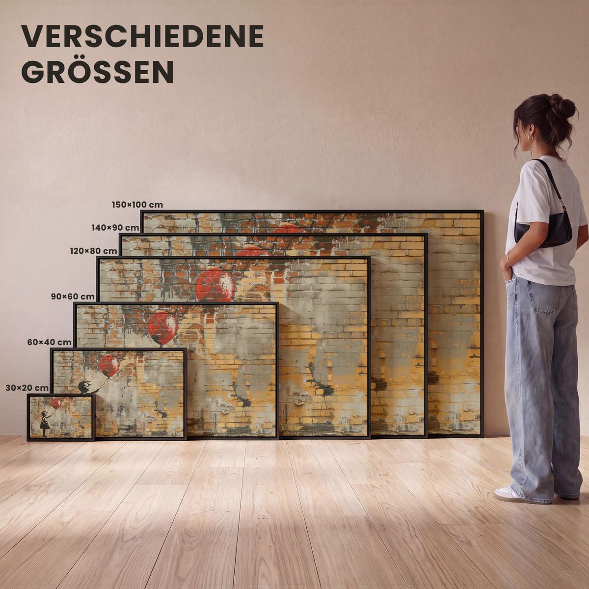 LEINWAND Bilder mit Rahmen - Graffiti - Banksy - Mädchen - Straßenkunst - 150x100 - Sandfarben, Textil (150/100cm) - MuchoWow