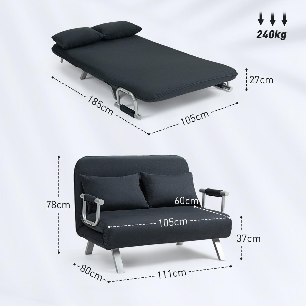 2-SITZER Sofa mit Schlaffunktion, Schlafsofa mit Verstellbarer Rückenlehne - Silberfarben/Schwarz, Textil/Metall (80/78/111cm) - HOMCOM