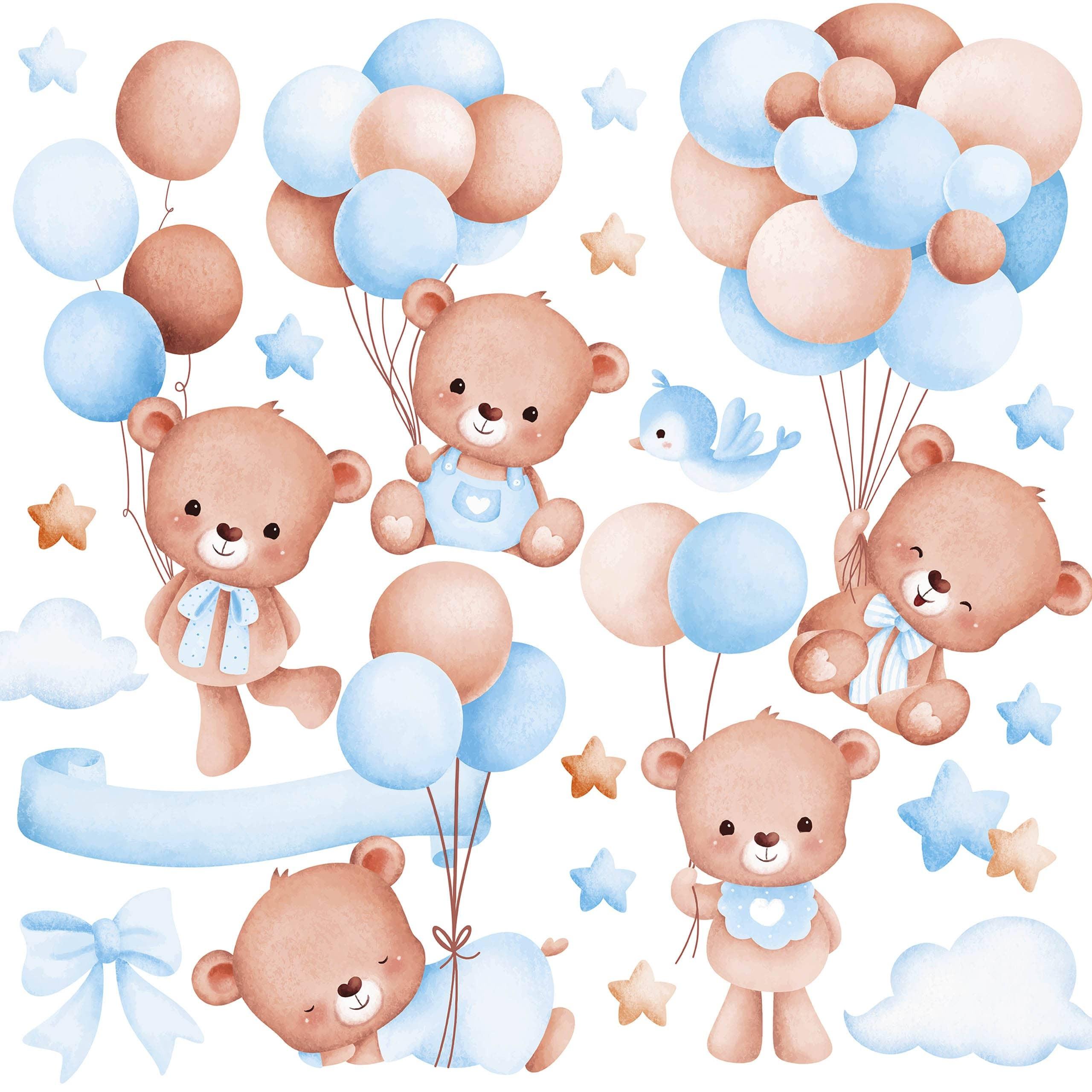 WANDSTICKER Teddybären Ballons Sterne Wolken 120x60 - Beige/Braun, Papier (120/60/1cm) - Muralo