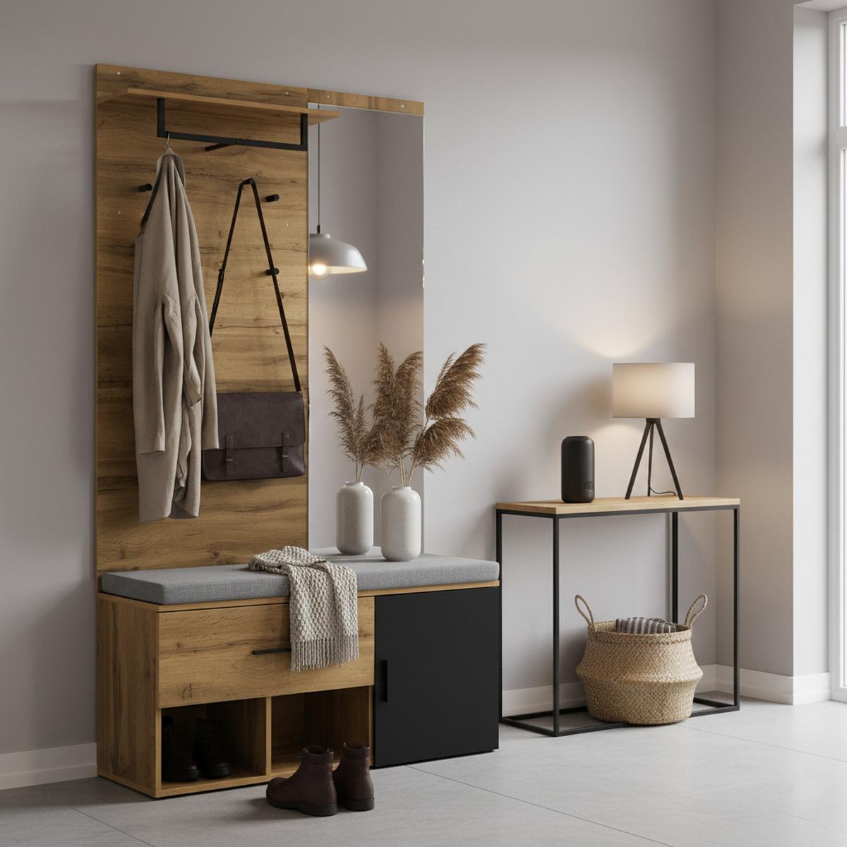 GARDEROBENSET Holzoptik Eiche mit Spiegel & Schuhbank - Eiche San Remo, Holzwerkstoff (104/190/39cm) - Urban Meuble