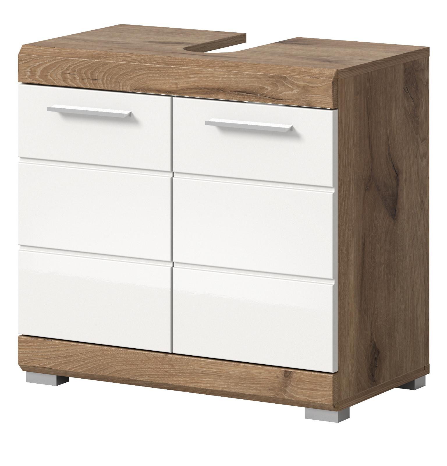 WASCHBECKENUNTERSCHRANK weiß Hochglanz, Eiche 60 cm, 2-türig - Chromfarben/Weiß Hochglanz, Holzwerkstoff/Kunststoff (60/56/31cm) - Inn.Furn