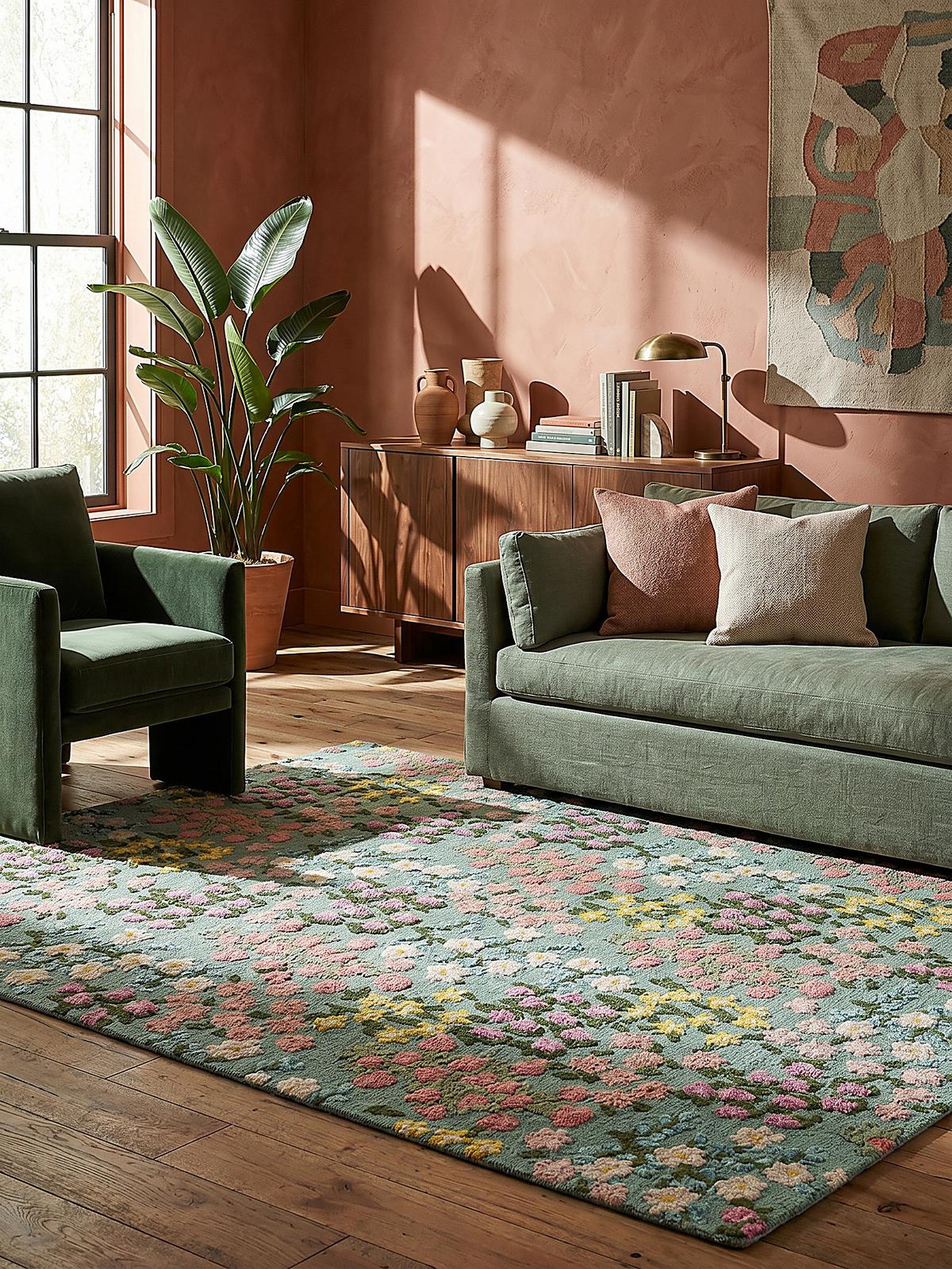 WOLLTEPPICH VALE, floral, Grün-Bunt, 200 x 290 cm - Grün, Textil (290/200cm) - KADIMA DESIGN