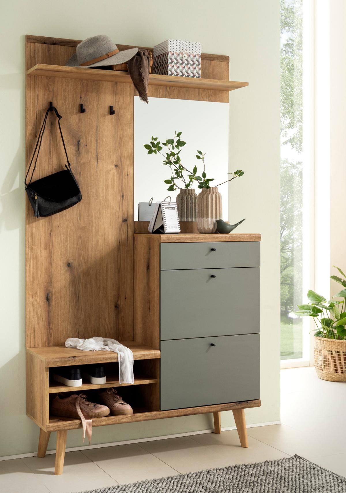 GARDEROBEN-SET Evoke Eiche und Salbei, Kompaktgarderobe skandinavisch 110 x 200 cm - Salbeigrün/Eichefarben, Glas/Holz (110/200/34cm) - Furn.Design