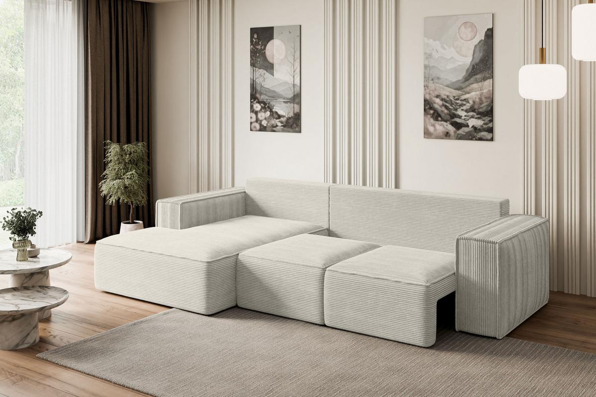 ECKSOFA mit Schlaffunktion und Bettkasten SERRA-L-S - 266x161x87 cm Creme Cord - Hellgrau/Creme, Holzwerkstoff/Kunststoff (266/161cm) - ALTDECOR