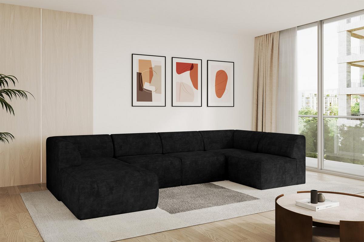 WOHNLANDSCHAFT Ottomane Links MOVO-L 345x180x78 cm Schwarz Velours - Schwarz, Holzwerkstoff/Kunststoff (345/78/180cm) - ALTDECOR
