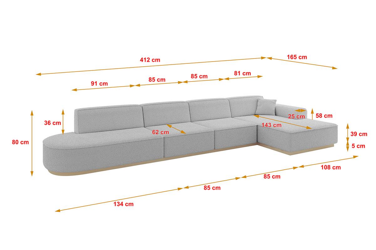 ECKSOFA Ottomane Rechts IREA-L3 - 412x165x80 cm Hellgrau - Hellgrau, Holzwerkstoff/Textil (412/165cm) - ALTDECOR