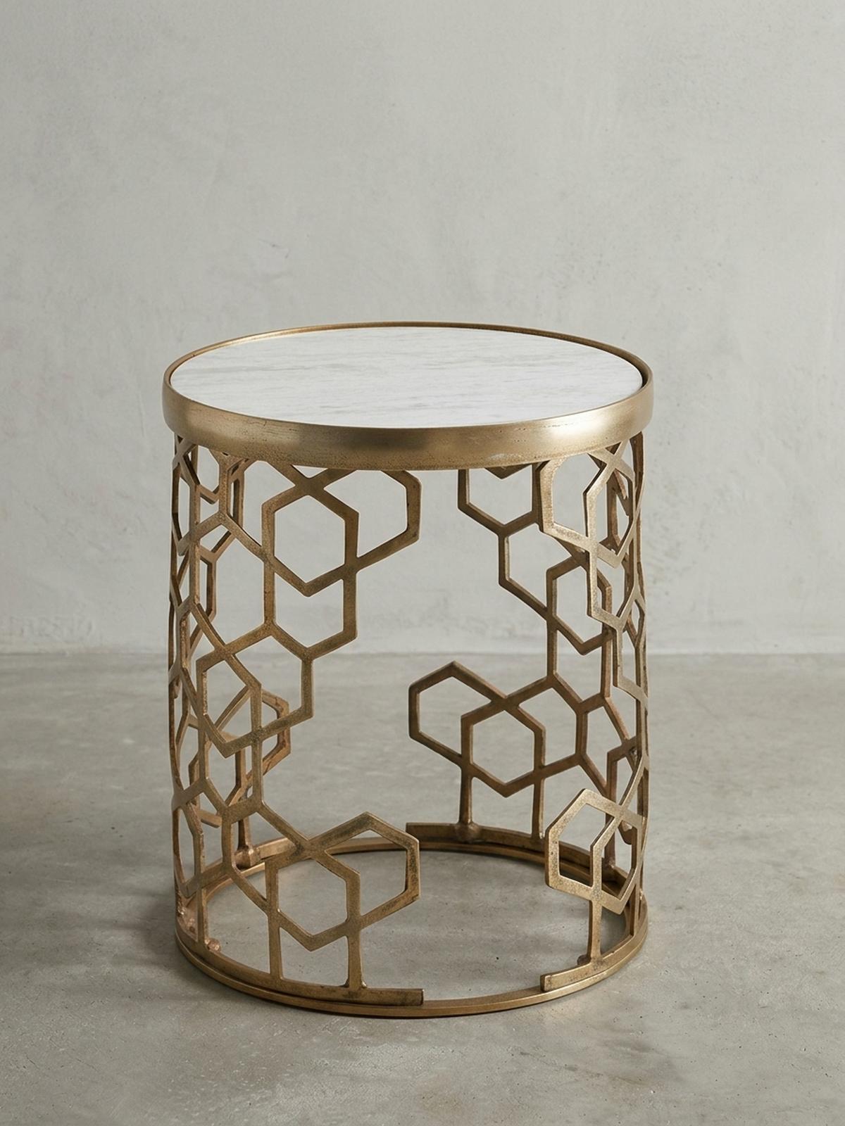 BEISTELLTISCH – Rund Marmoroptik Goldfarben Metall 44 cm Durchmesser - Goldfarben/Weiß, Stein/Metall (46/46/55cm) - KADIMA DESIGN