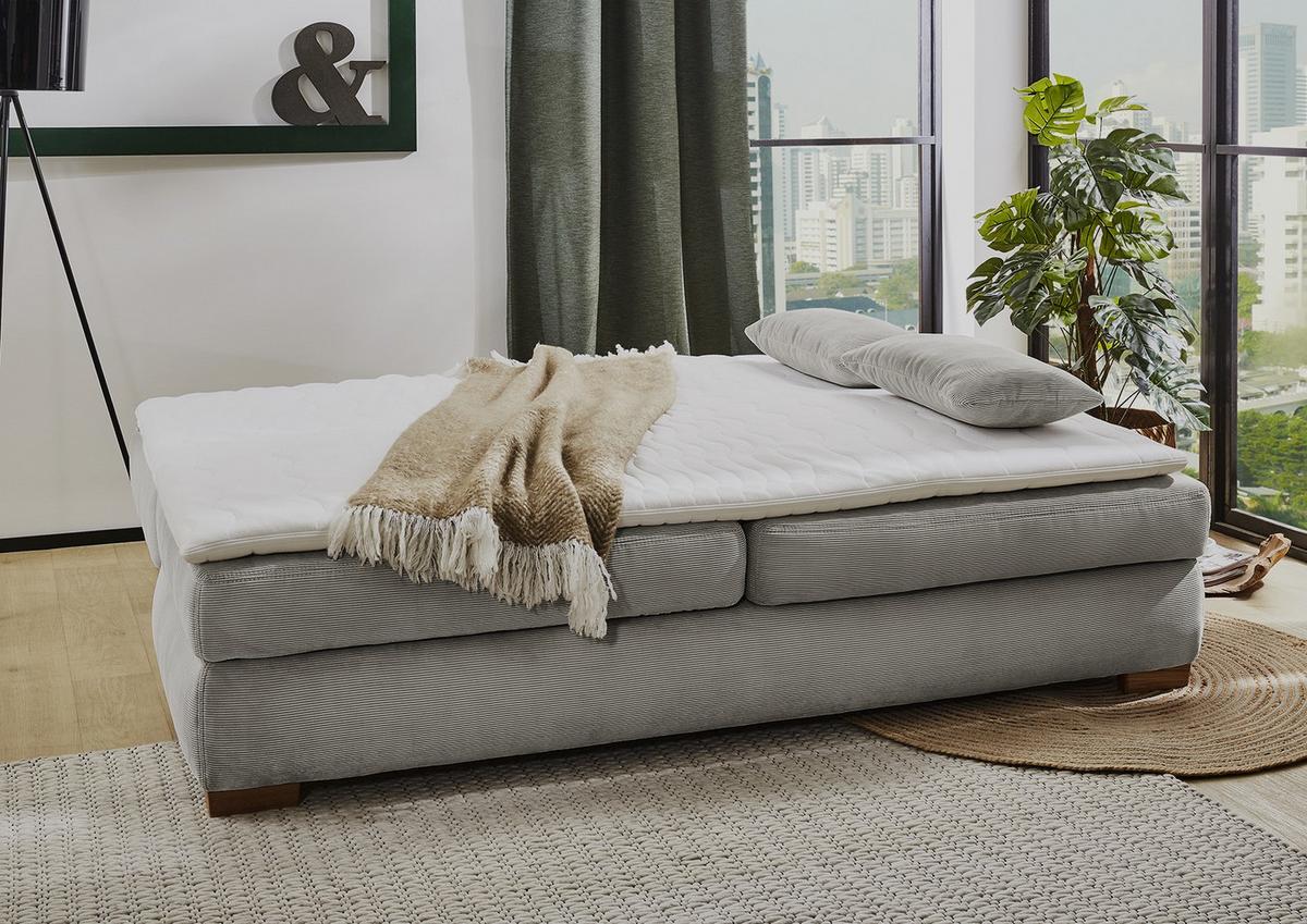 DAUER-SCHLAFSOFA Federkern Topper Bettkasten B201/T110/H88 cm, Liegefläche 160x200 cm, Feincord Hellgrau / 15152 - Wildeiche/Eiche Bianco, Holz/Textil (201/88/110cm) - luma-home