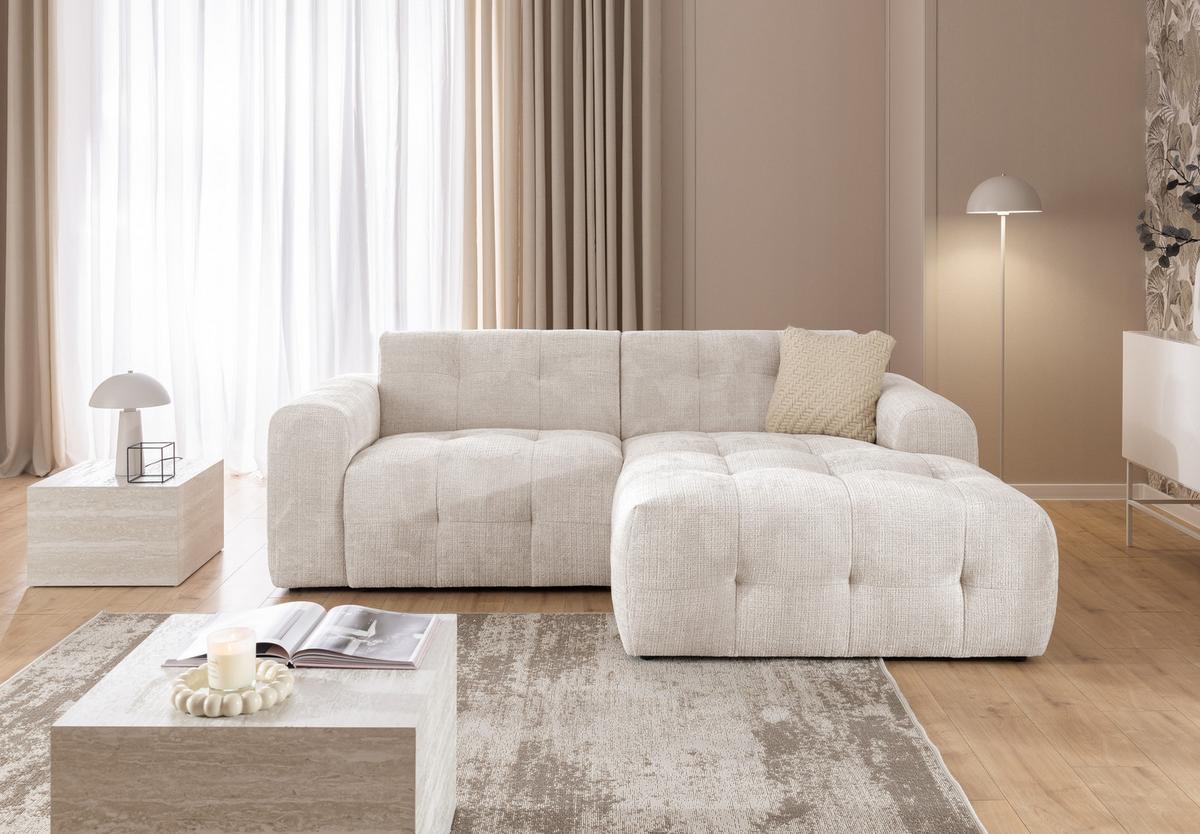 ECKSOFA mit Ottomane rechts, raffinierten Steppungen, Wellenunterfederung, B234/T161/H79 cm, Chenille-Bezug in Beige / 21035 - Beige/Schwarz, Kunststoff/Textil (234/79/161cm) - luma-home