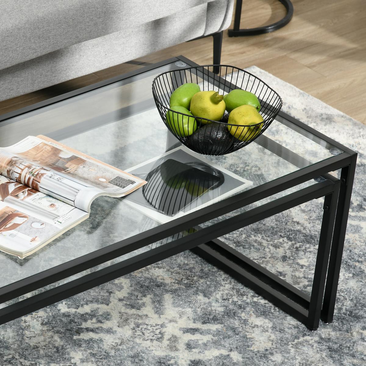COUCHTISCH 2er-Set Beistelltisch, Kaffeetisch, Satztisch, Glastisch, Stahl - Transparent, Glas/Metall (119/56/44.5cm) - HOMCOM