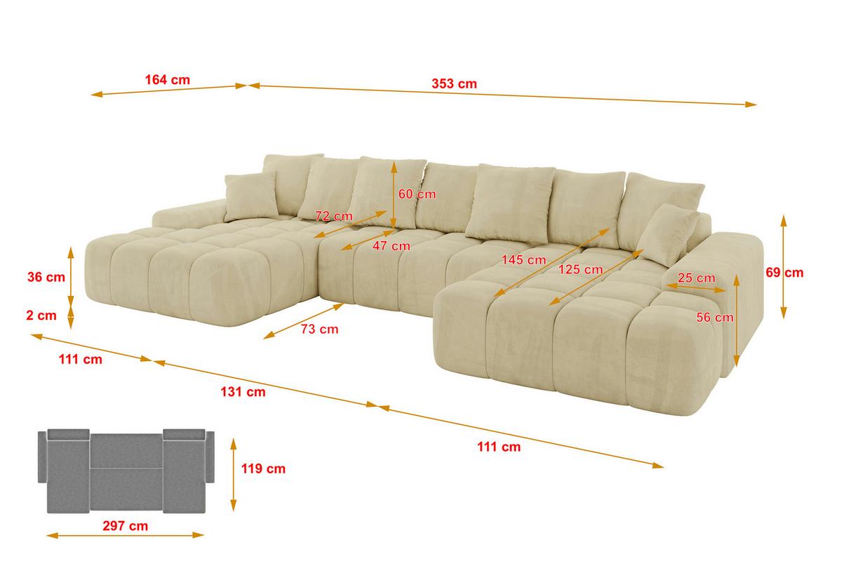 WOHNLANDSCHAFT ENSI-U - 353x164x69 cm Taupe - Taupe, Holzwerkstoff/Kunststoff (357/69/164cm) - ALTDECOR