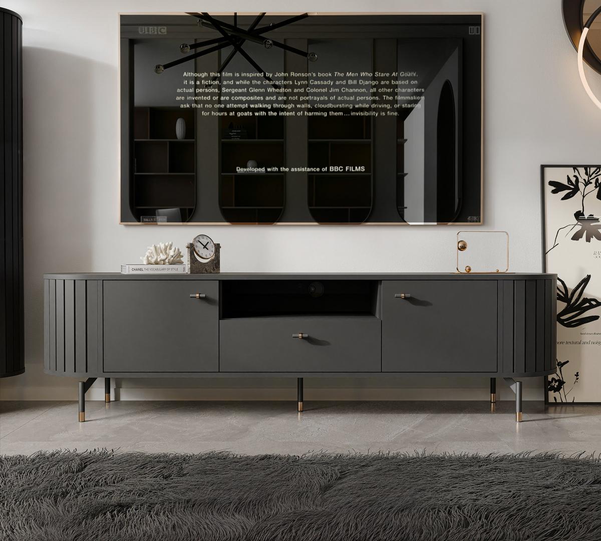 TV-LOWBOARD geriffelt, mit Schublade, Schwarz - Schwarz, Holzwerkstoff (180/49/40cm) - Idohome