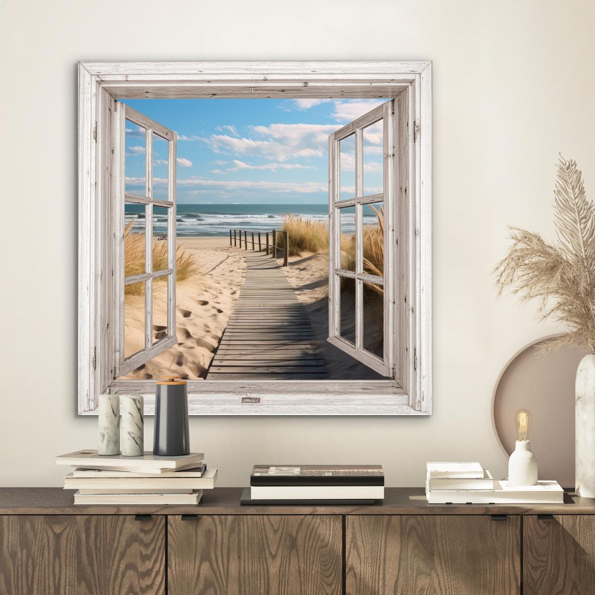 METALLBILD Fenster - Meer - Küste - Natur - Ausblick - Strand - Wattenmeer 50x50 cm - Beige, Metall (50/50cm) - MuchoWow