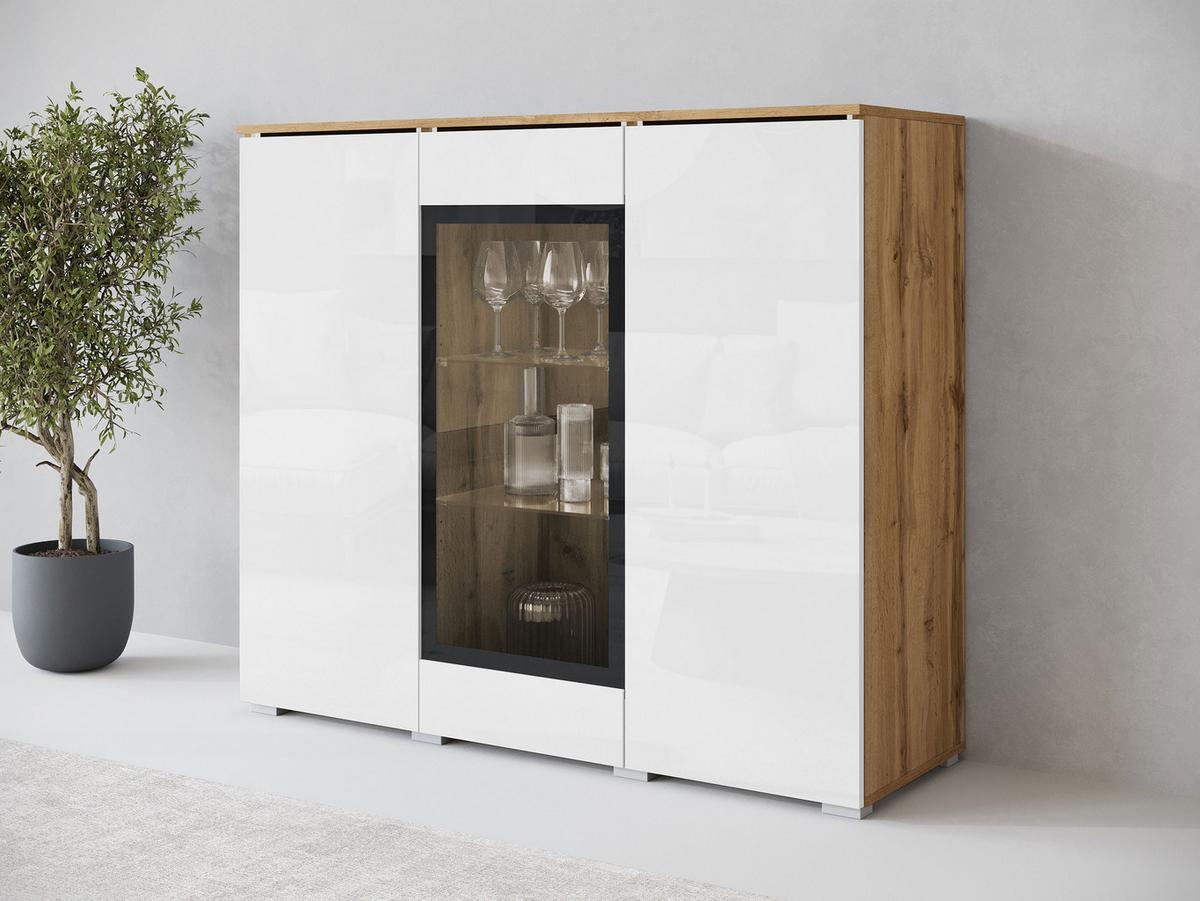 KOMMODE Vera 120 - Weiß Hochglanz/Eiche Wotan, Holzwerkstoff/Kunststoff (120/104/40cm) - MIRJAN24