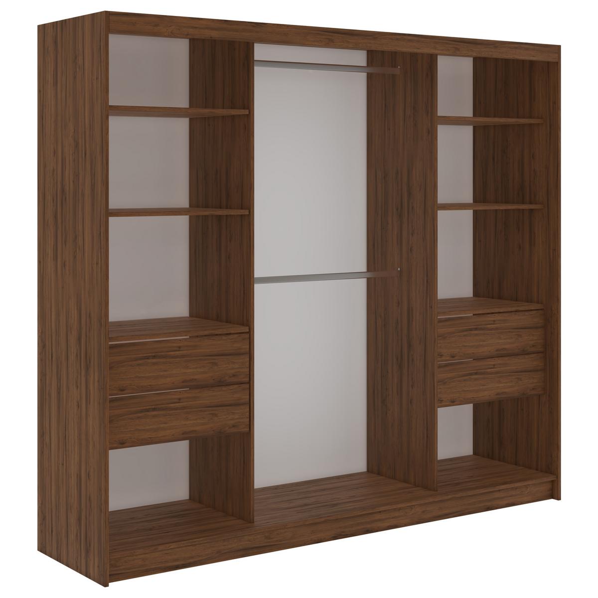 SCHWEBETÜRENSCHRANK mit Schubladen 240 - SKORIA - Warmia Walnuss mit Spiegel - Walnussfarben/Alufarben, Holzwerkstoff/Metall (240/216/61cm) - MKS