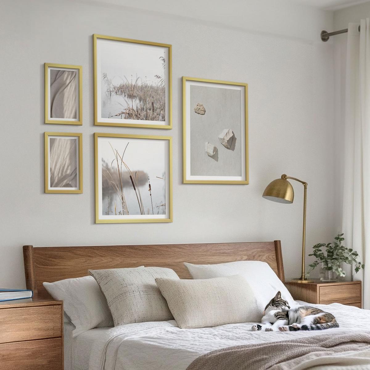 BILDER SET 5er Set - 50x50 cm & 20x30 cm & 40x60 cm Goldrahmen - Nahaufnahmen der Struktur im Boho-Stil - Goldfarben, Kunststoff (40/60cm) - TULUP