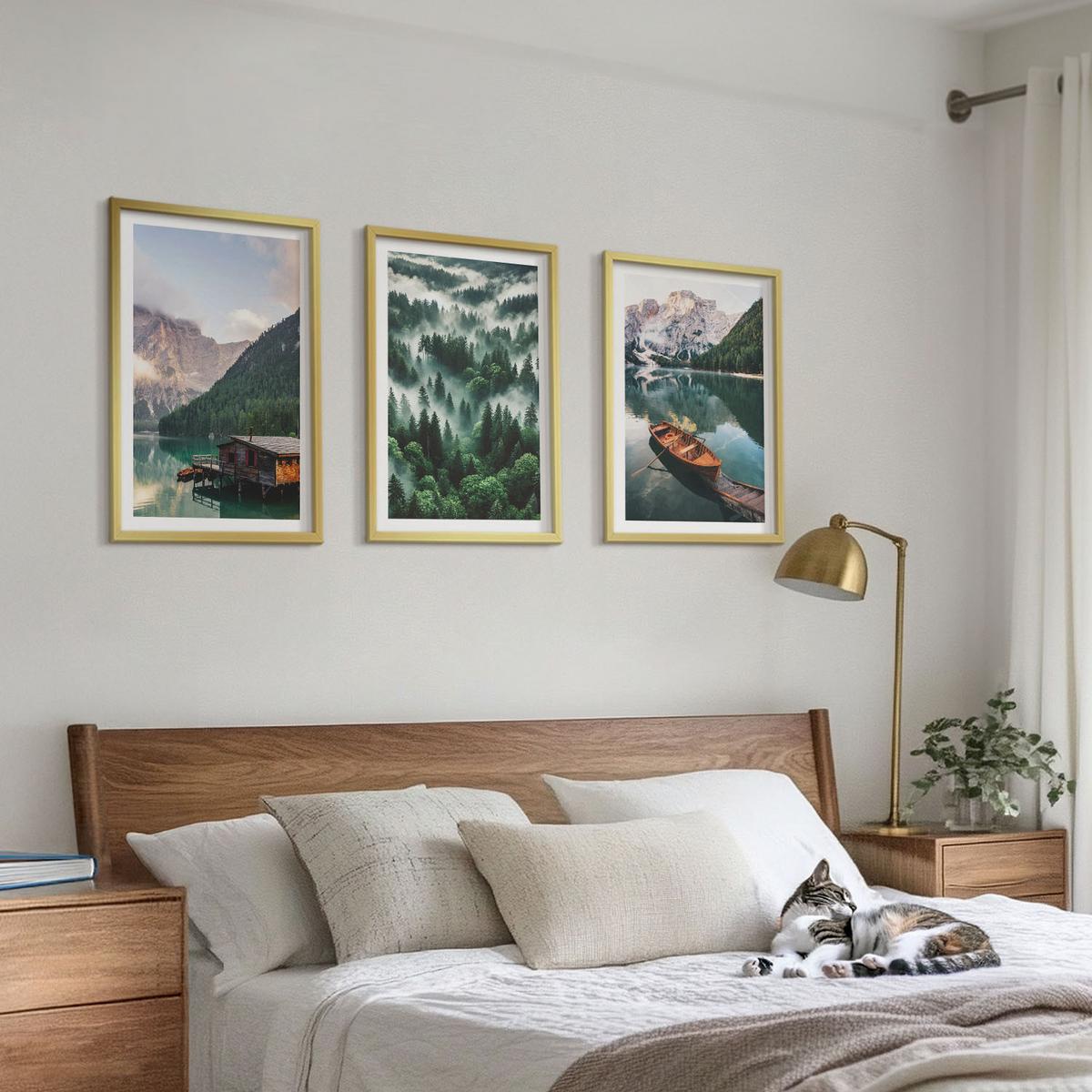 BILDER SET 3er Set - 40x60 cm Goldrahmen - Bergsee, Boot, Waldnebel - Goldfarben, Kunststoff (40/60cm) - TULUP