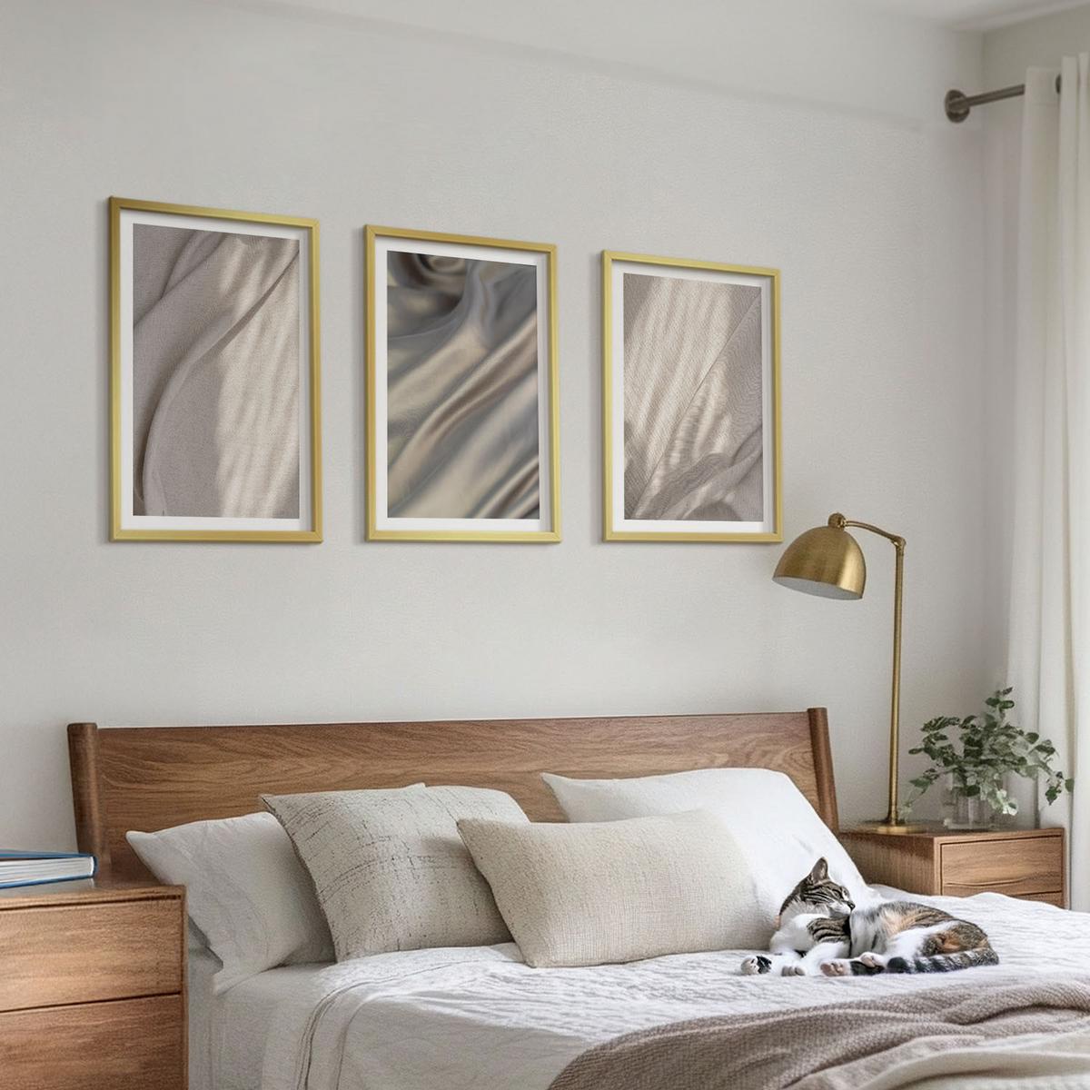 BILDER SET 3er Set - 40x60 cm Goldrahmen - Nahaufnahme von natürlichen Boho-Stoffen - Goldfarben, Kunststoff (40/60cm) - TULUP