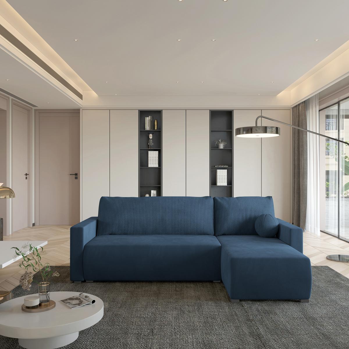 ECKSOFA SORGE Blau Plüsch-Stoff mit Schlaffunktion - Blau, Holz (220/143cm) - MASSENO